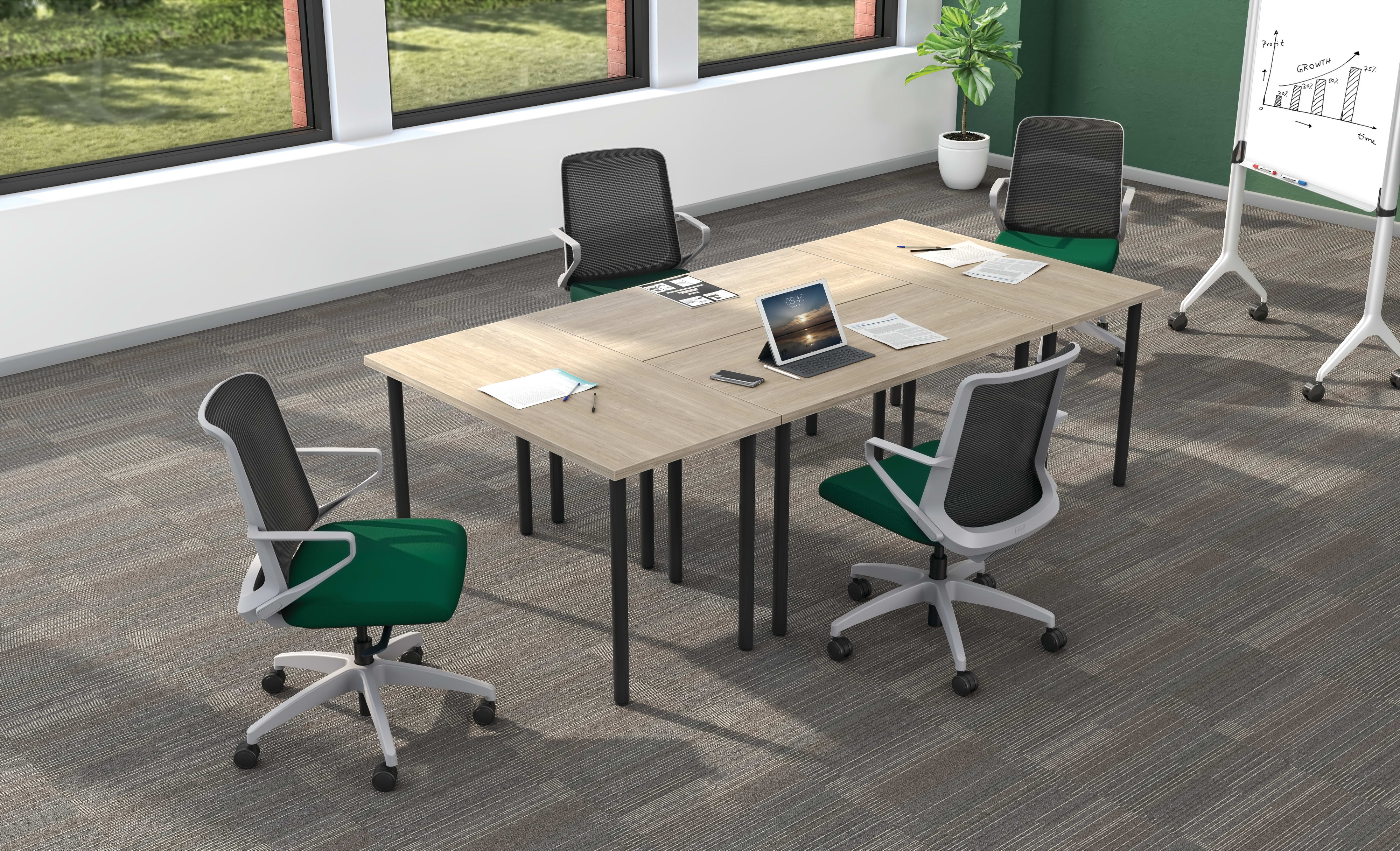 Huddle rectangle tables shown in Kingswood Walnut tops and Black legs with Cliq task seating.