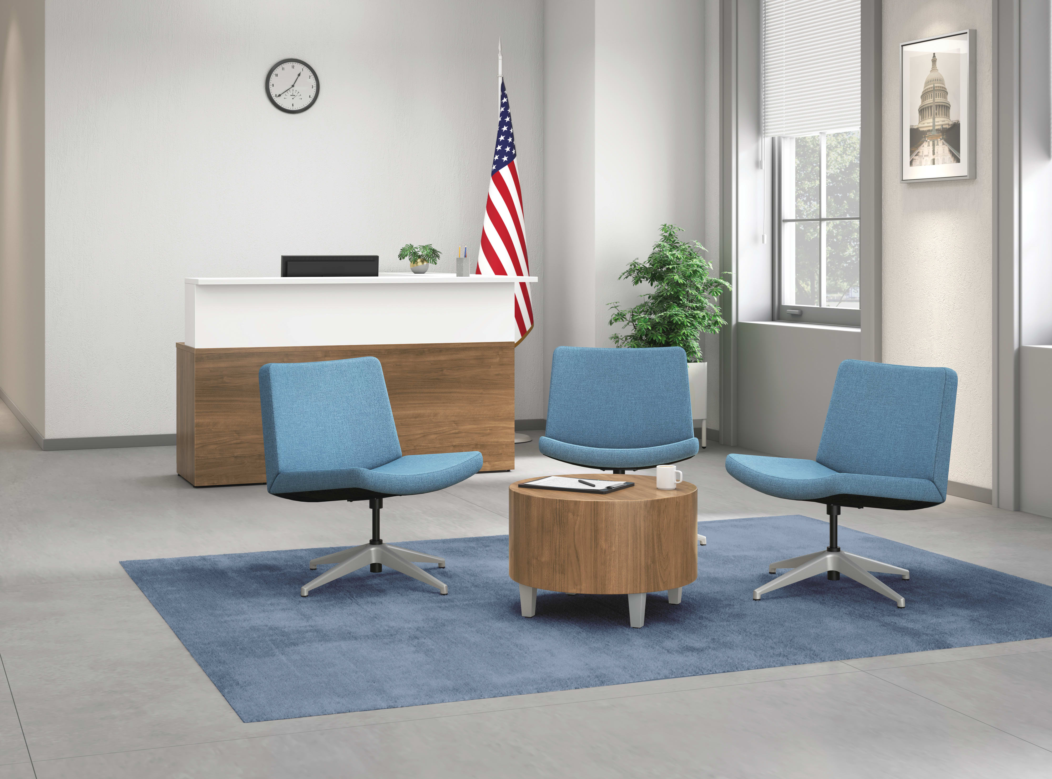 A welcome area setting featuring a Concinnity reception station and Flock lounge seating.