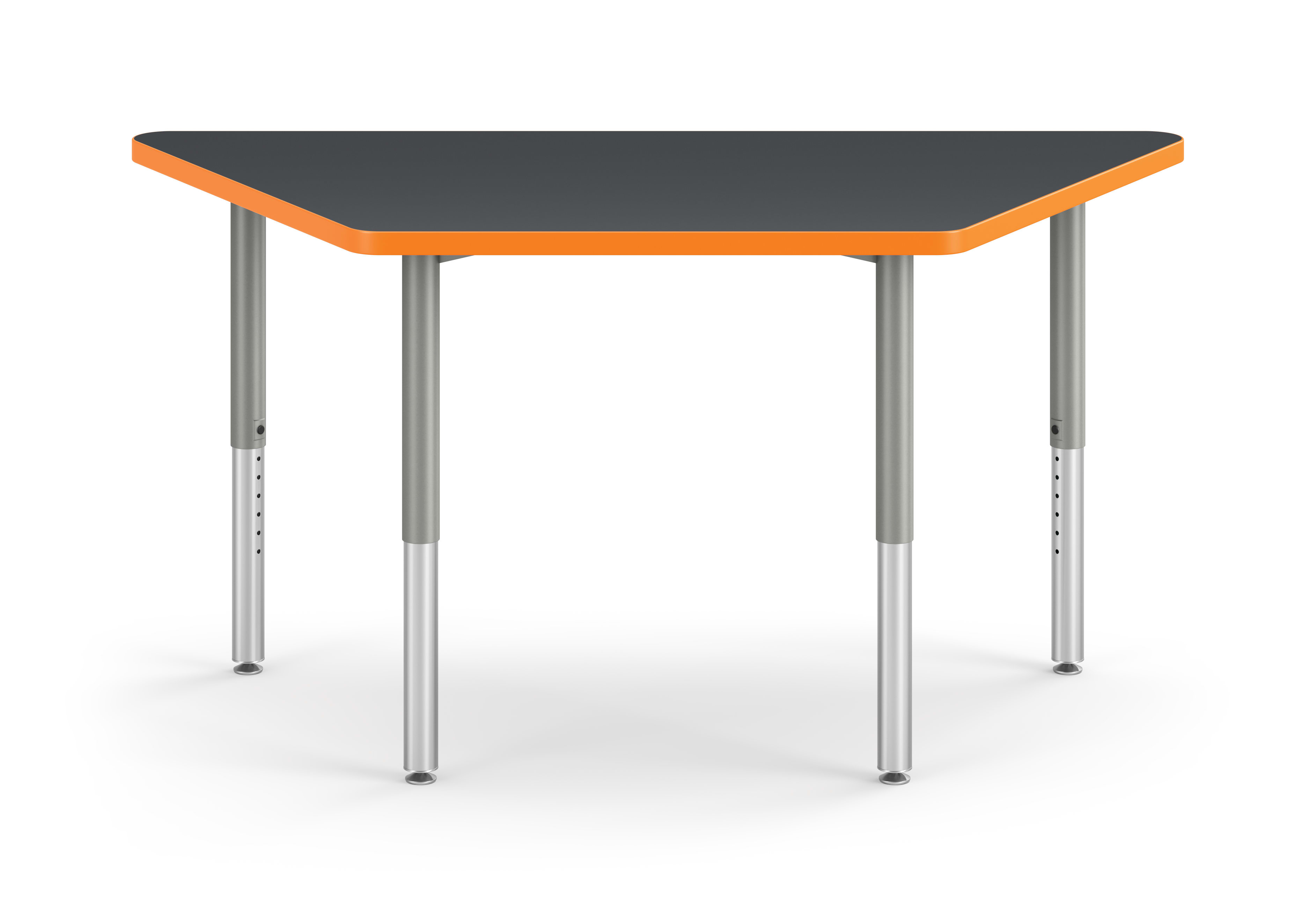 Front View of Charcoal Trapezoid Build Table with Orange Edge Band