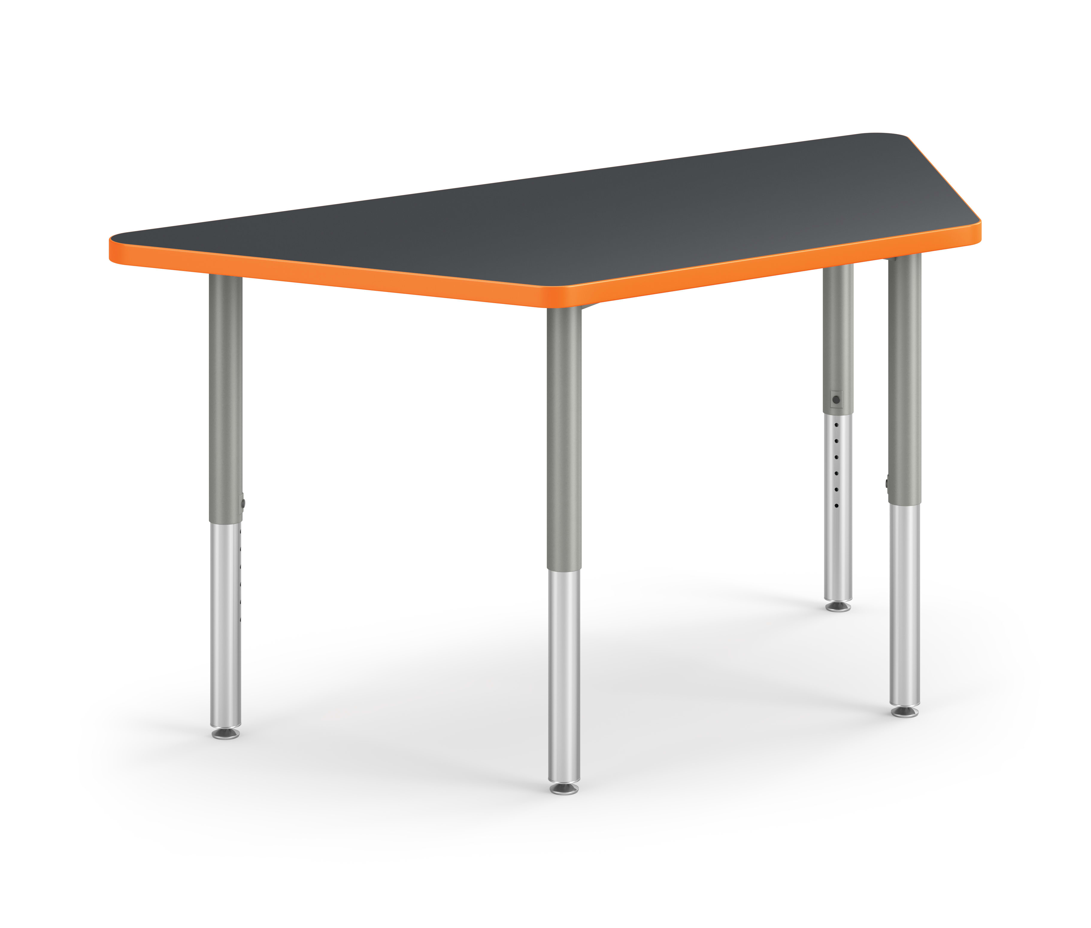 Right 3/4 View of Charcoal Trapezoid Build Table with Orange Edge Band
