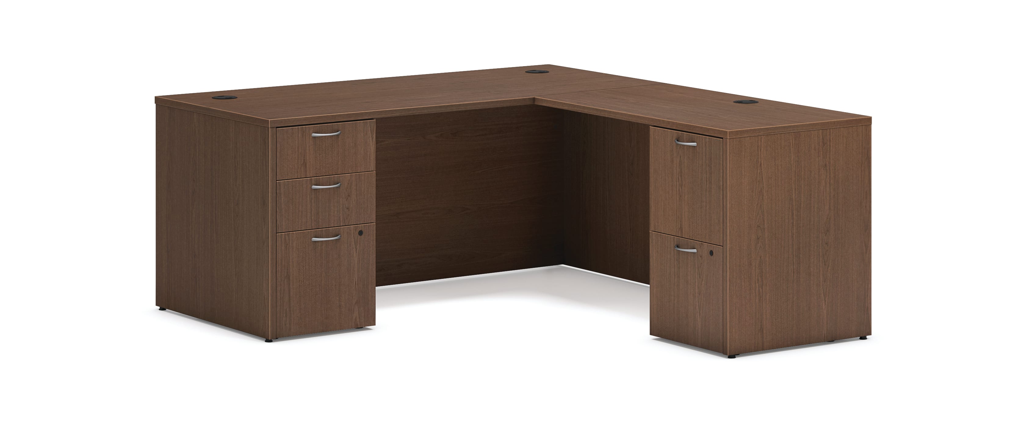 Mod double pedestal L-station desk in Sepia Walnut