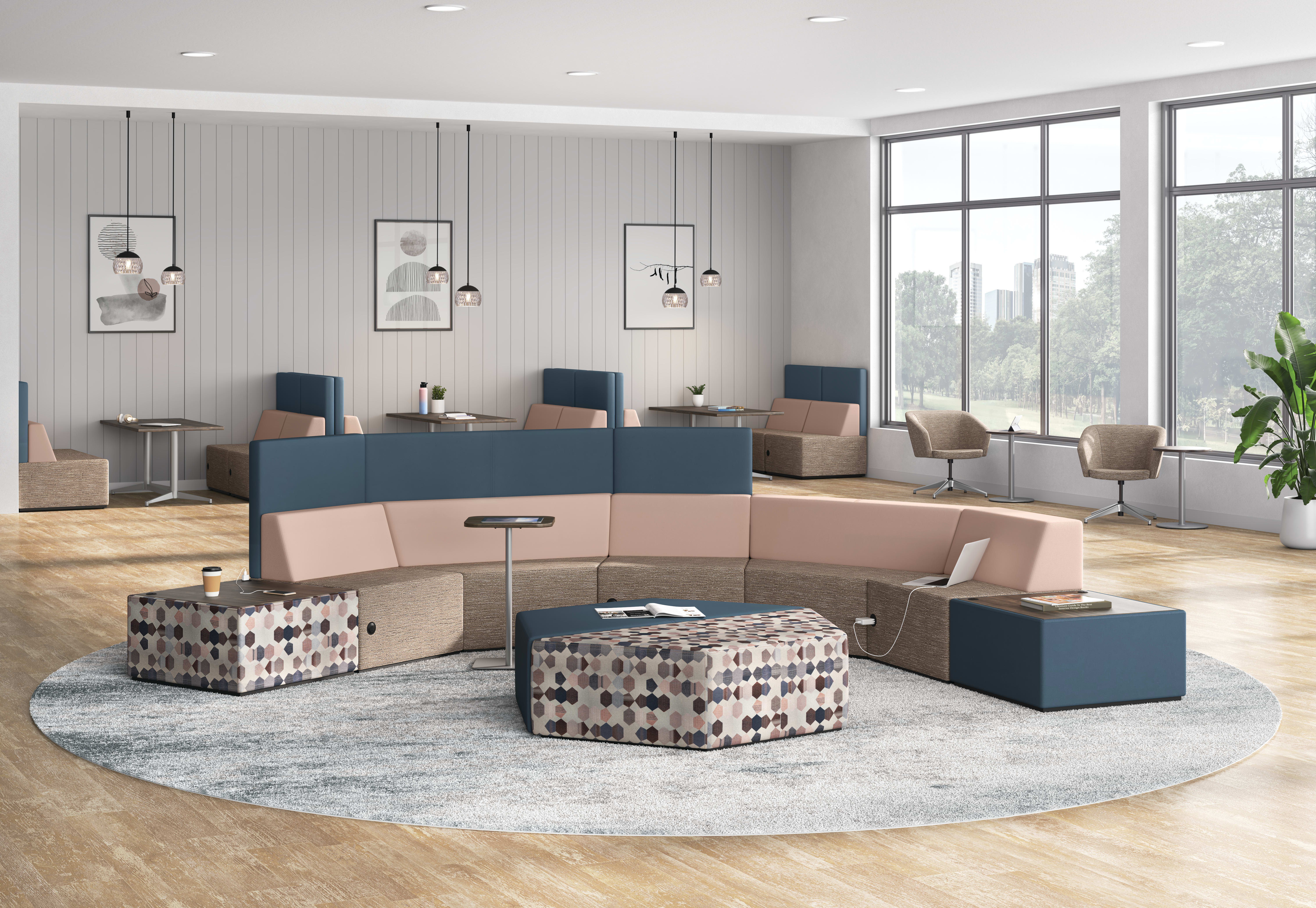 Tangram seating with Flock seating and Birk, Flock, and Preside tables.