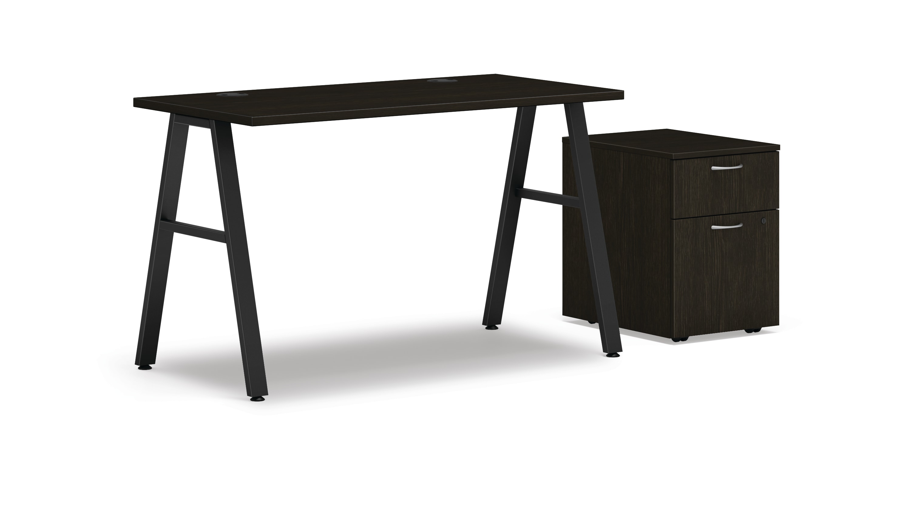 Mod table desk in Java Oak and Black a-legs with mobile pedestal