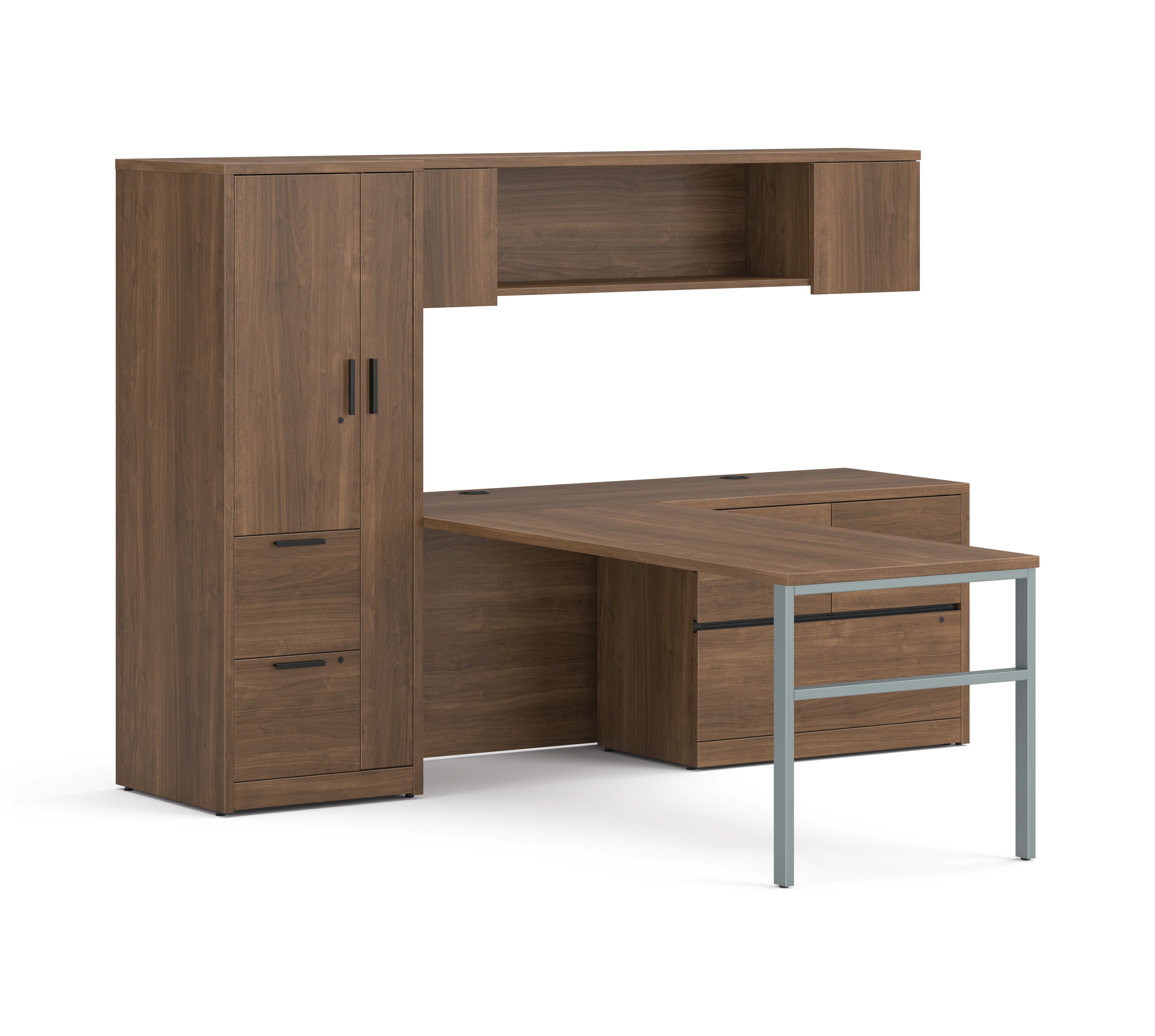 10500 Series Extended Storage L Desk in  Pinnacle Laminate with Black Pulls and Textured Silver H-Leg support.