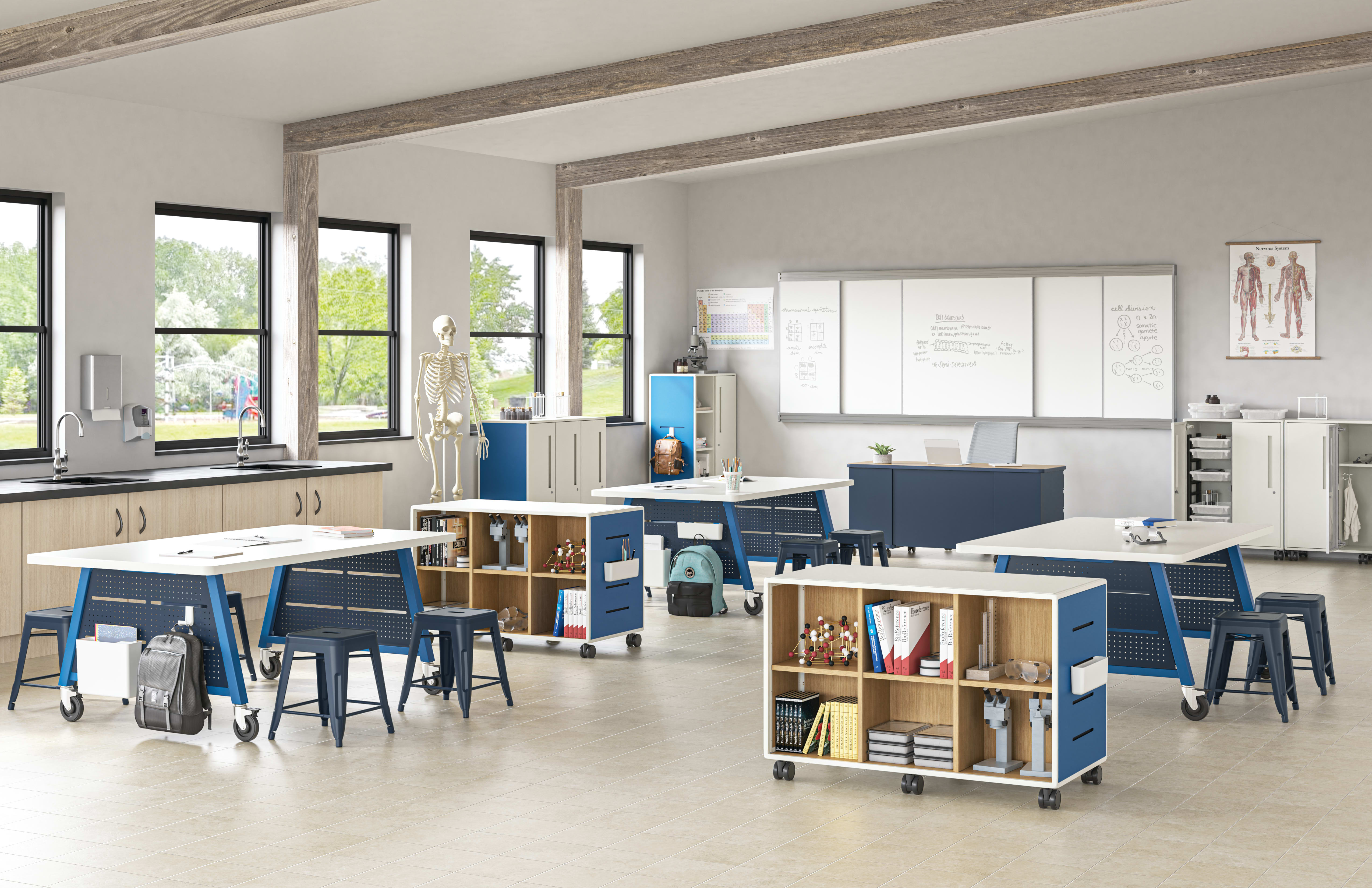 Class-ifi Storage with Build Makerspace Tables and Stools, Cipher Task Chair, and SmartLink Teacher Desk and Wall Rail System.