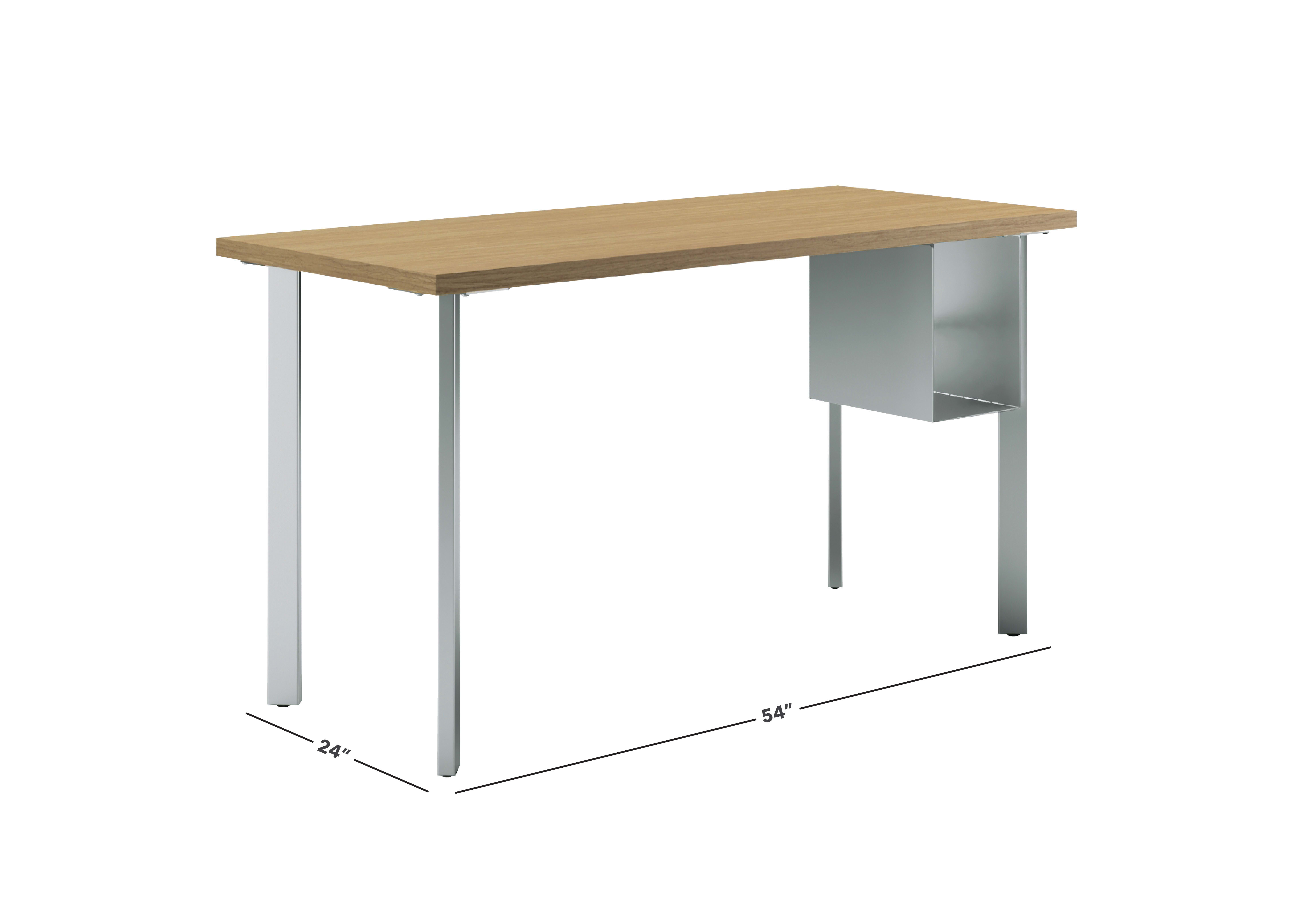 Natural recon Coze table desk with silver post legs and undermount storage