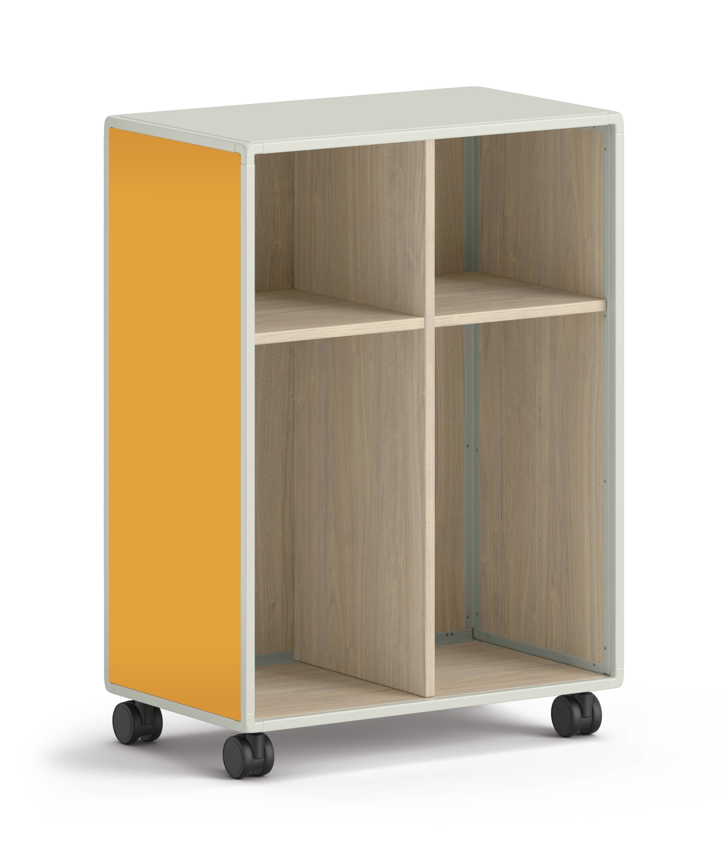 Small mobile storage unit with four square cubbies and orange side panels.