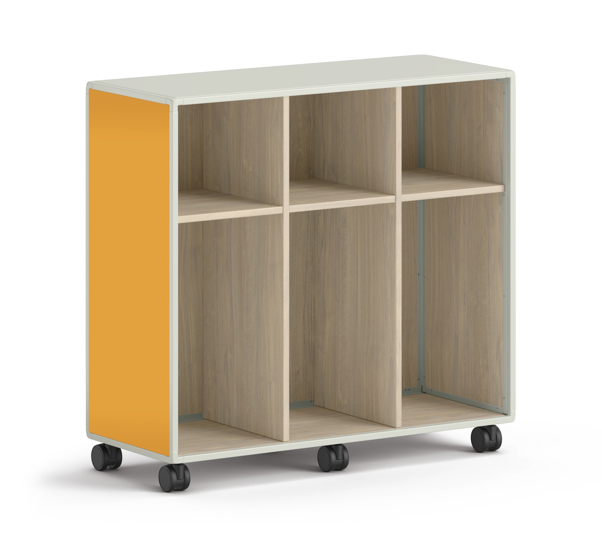 Small mobile storage unit with three square cubbies and three locker cubbies and orange side panels.