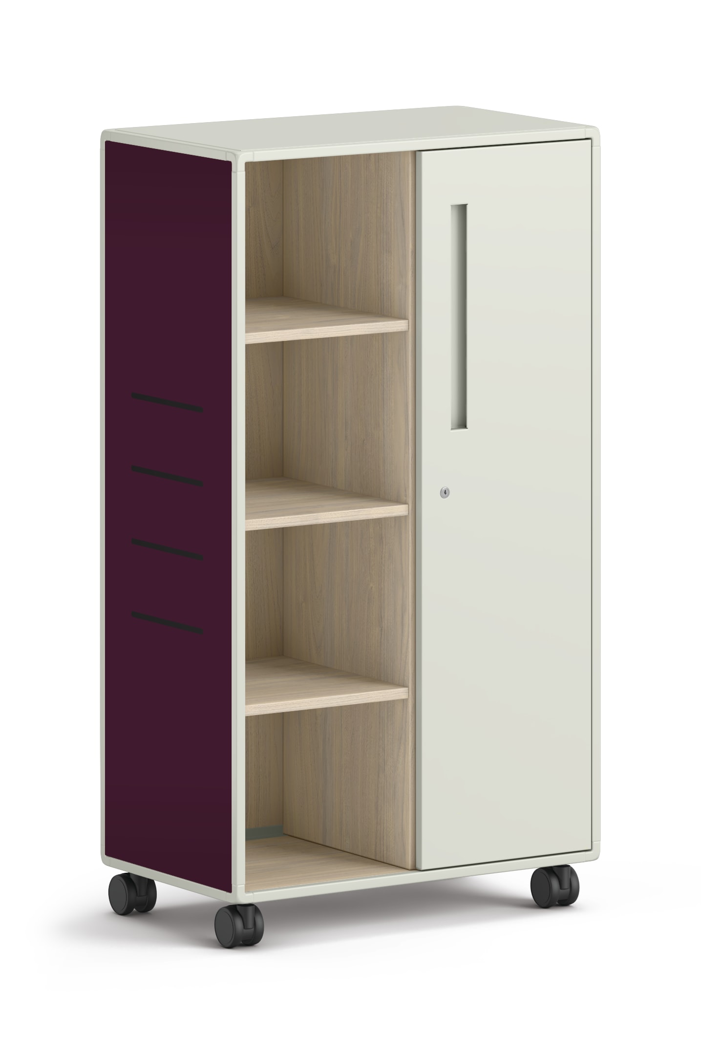 Tall mobile storage unit with open shelves and single door in white and plum finish.