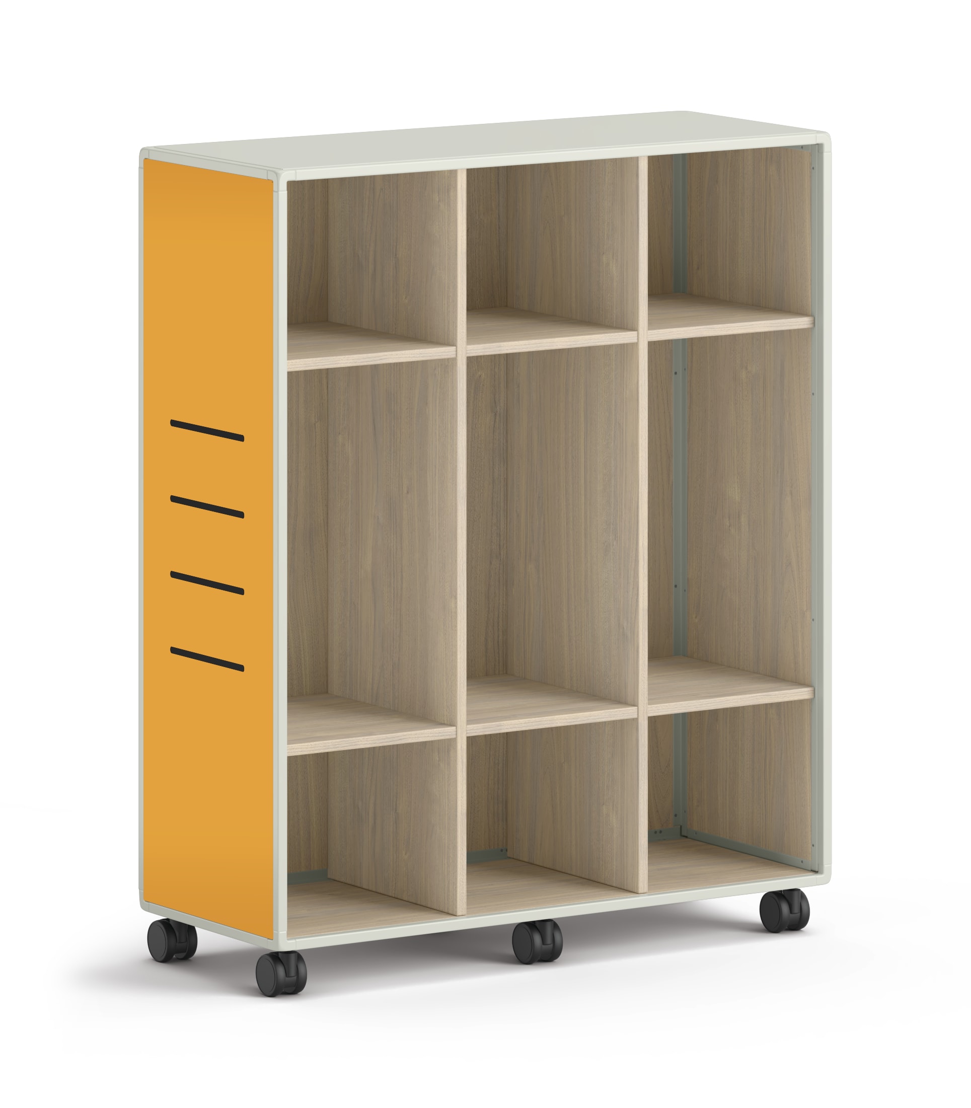 Tall mobile storage unit with eight square cubbies and orange side panels.