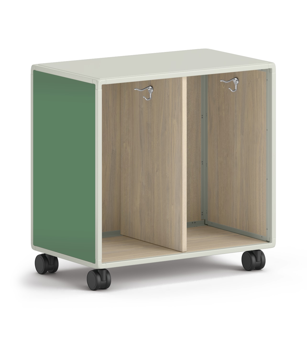 Low mobile storage unit with two open compartments and green side panels.