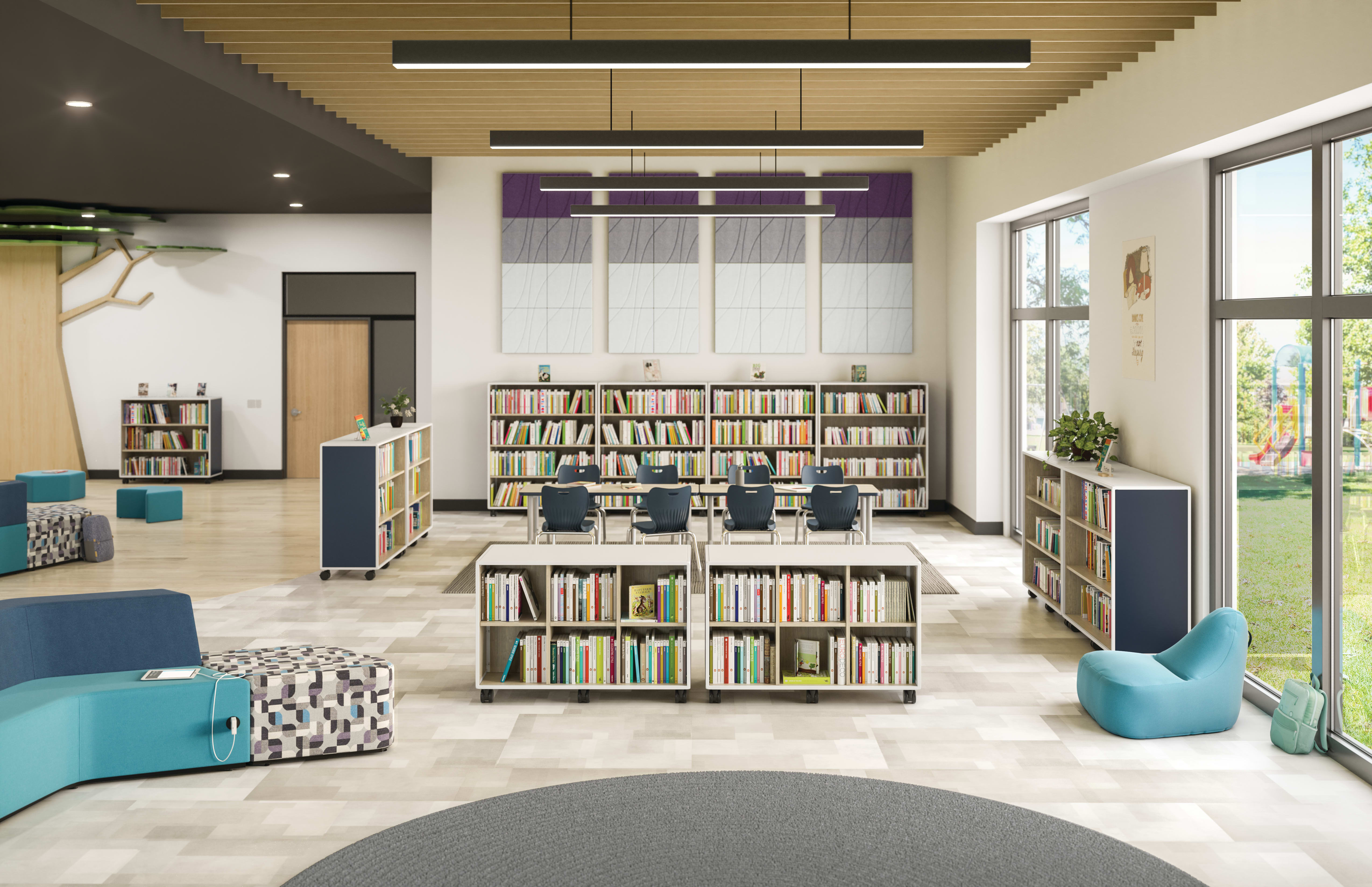 Class-ifi Storage with Confetti Floor Lounge and Tangram Seating.