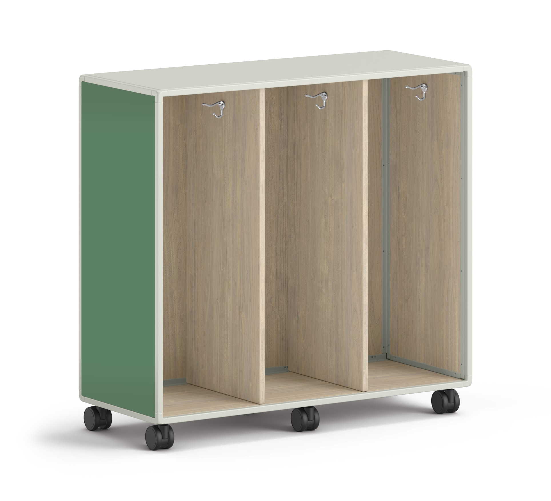 Wide mobile storage unit with three open compartments and green side panels.