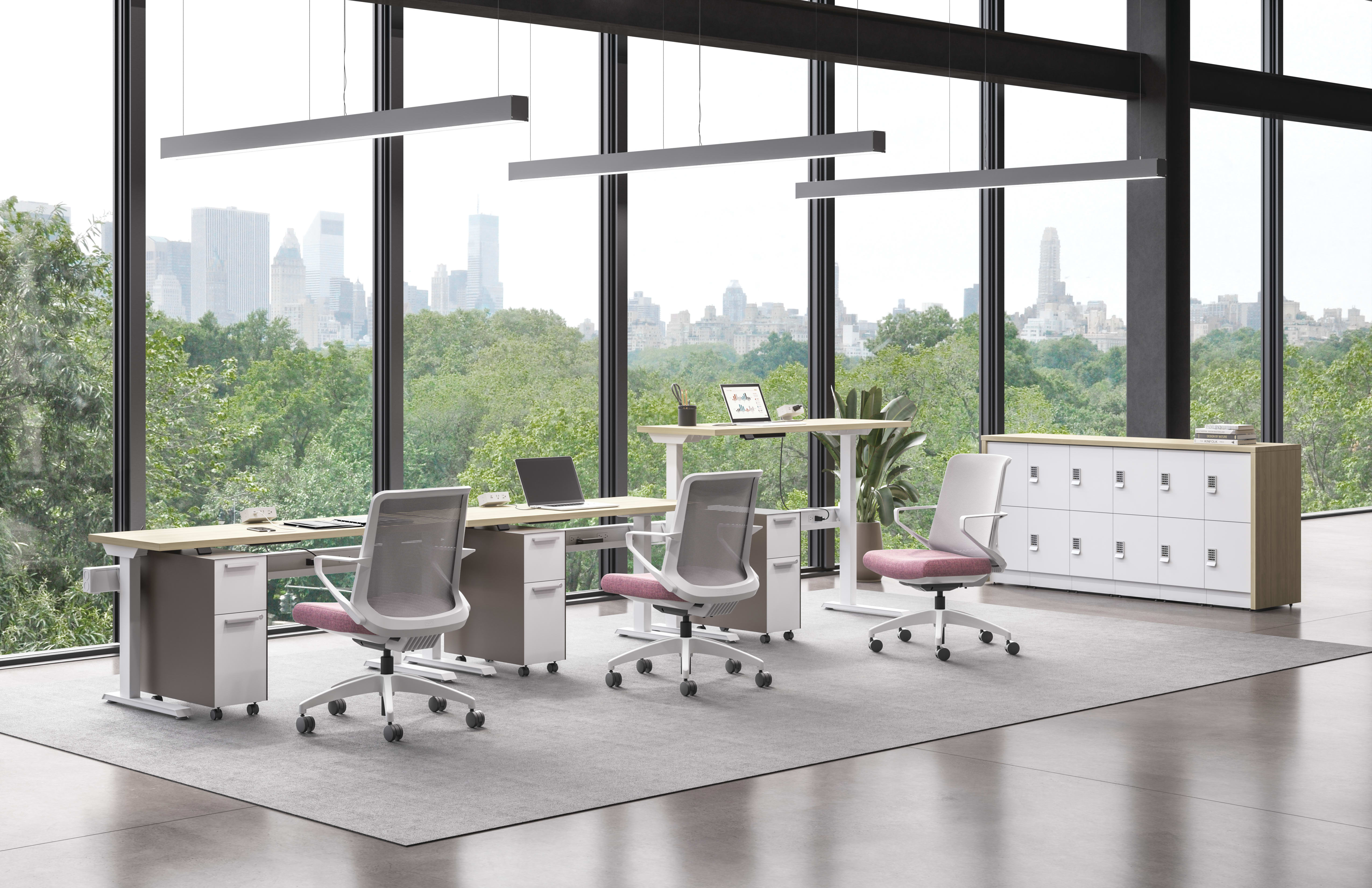 Cliq chairs with Fuse and contain storage and Empower height adjustable workstations.