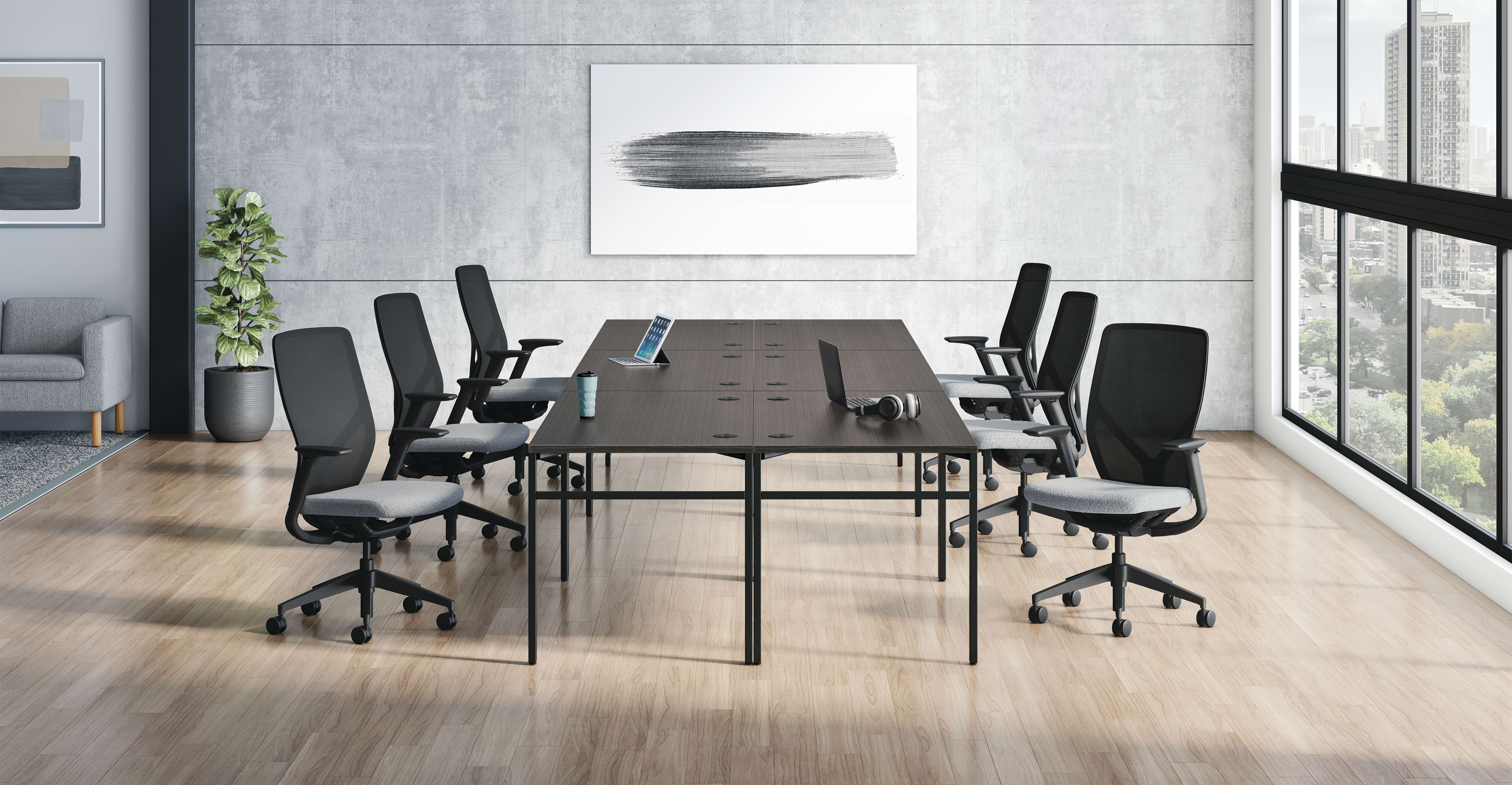 Mod Worksurface and U-Leg, Flexion Task Chair, Parkwyn Sofa