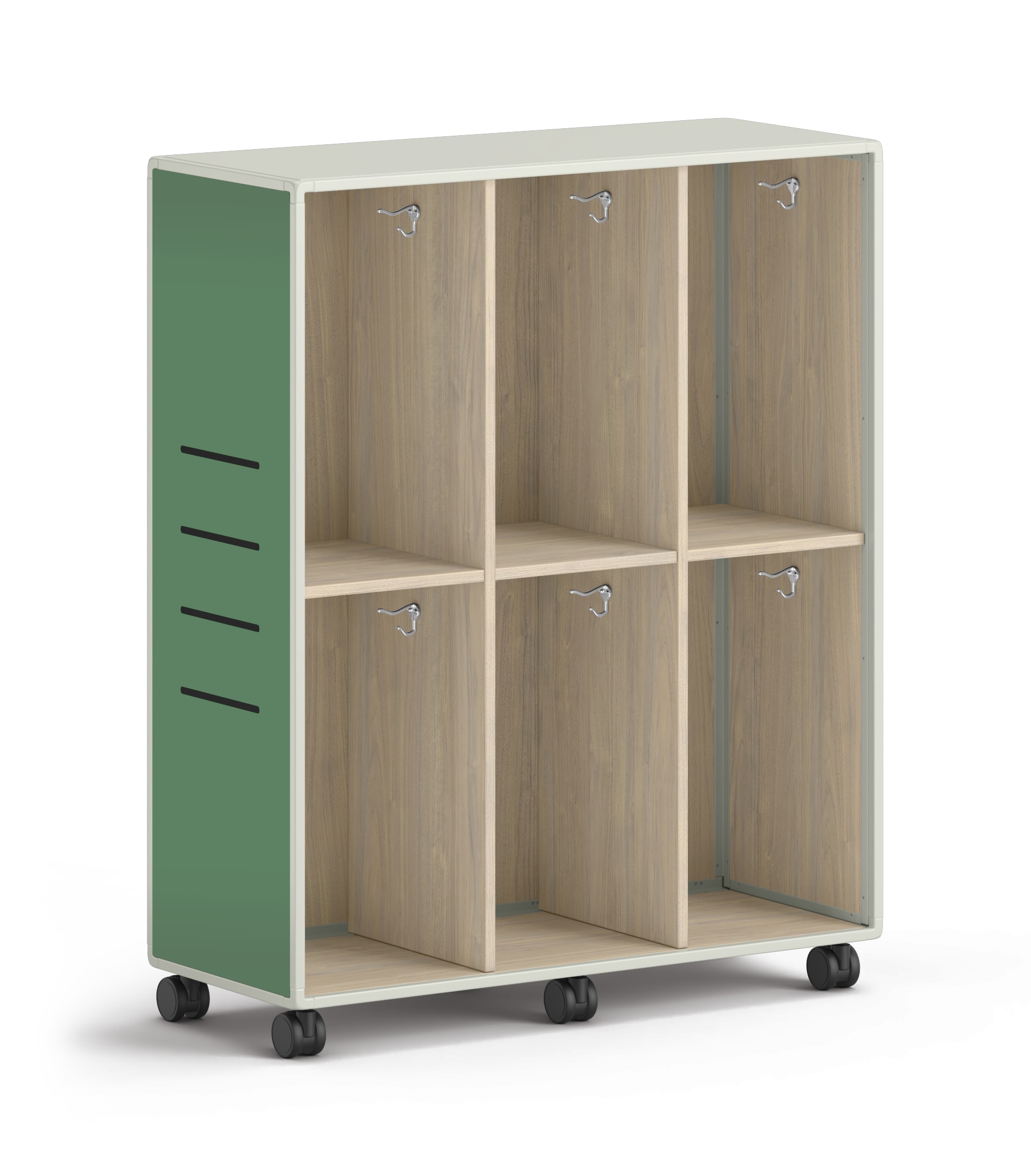 Tall mobile storage unit with six open compartments and green side panels.