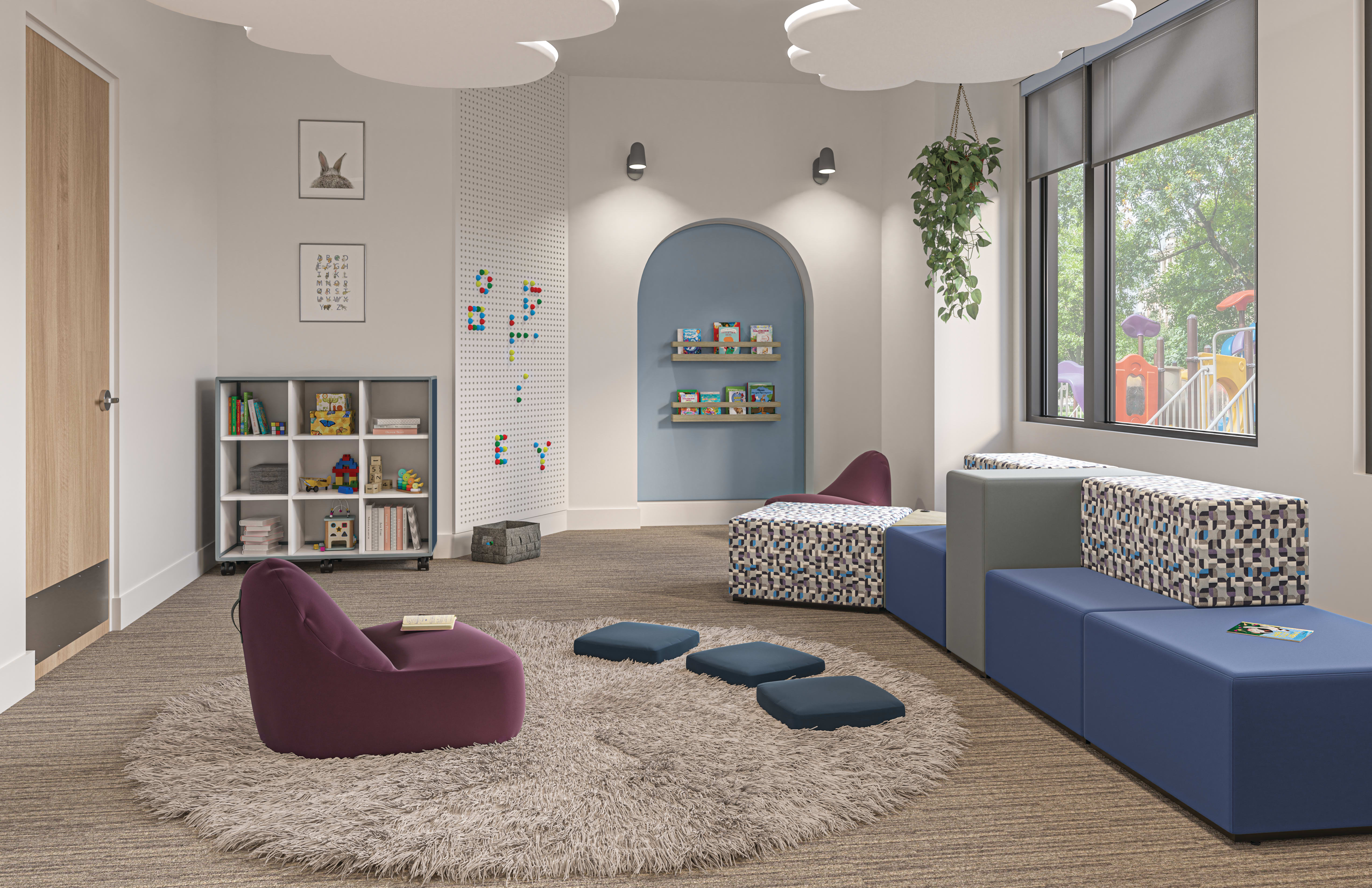 Confetti Floor Lounge and Floor Cushions with Class-ifi Storage and Tangram Seating.