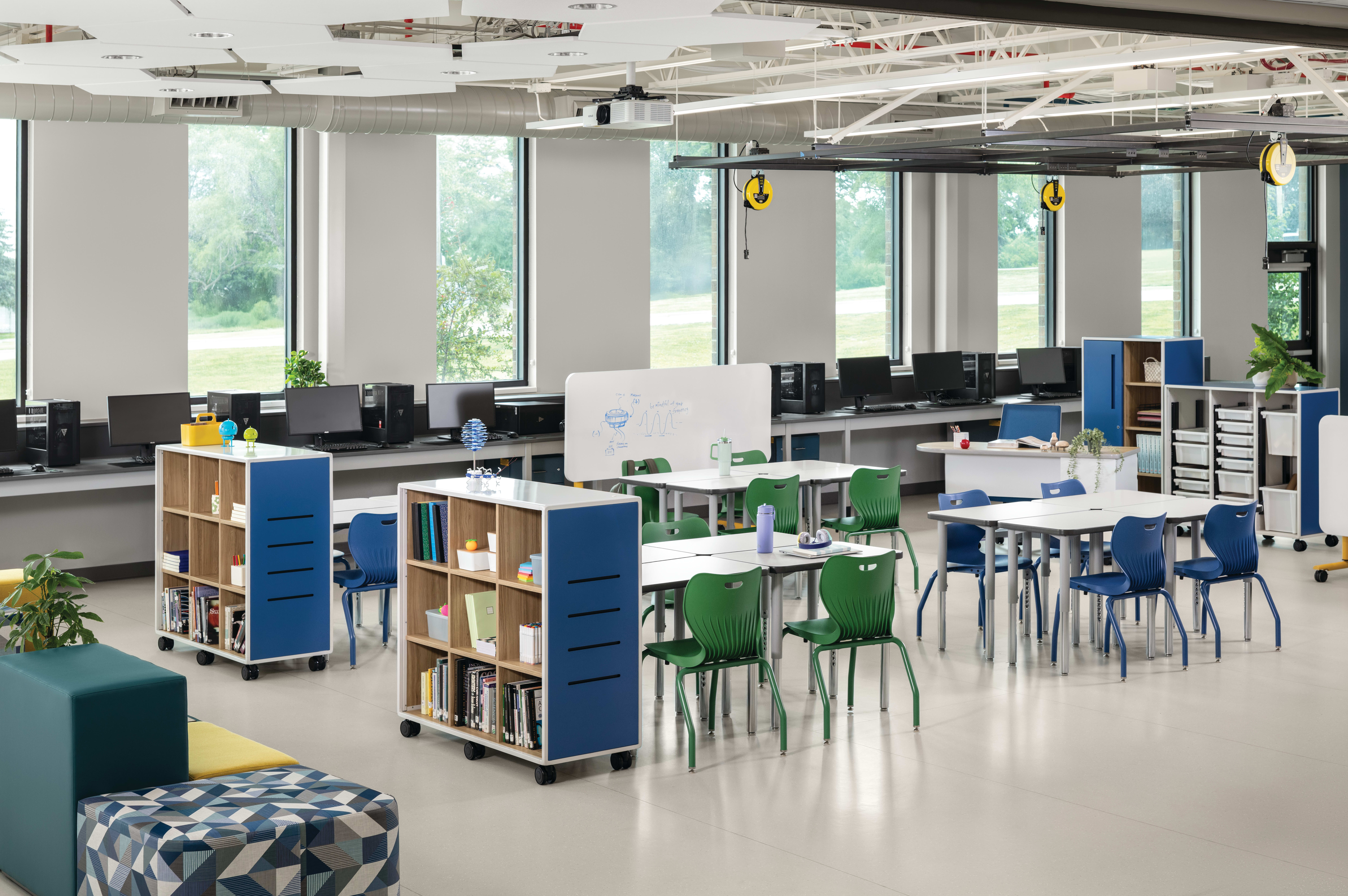 Makerspace classroom with blue and green Smartlink chairs and blue Class-ifi storage solutions.