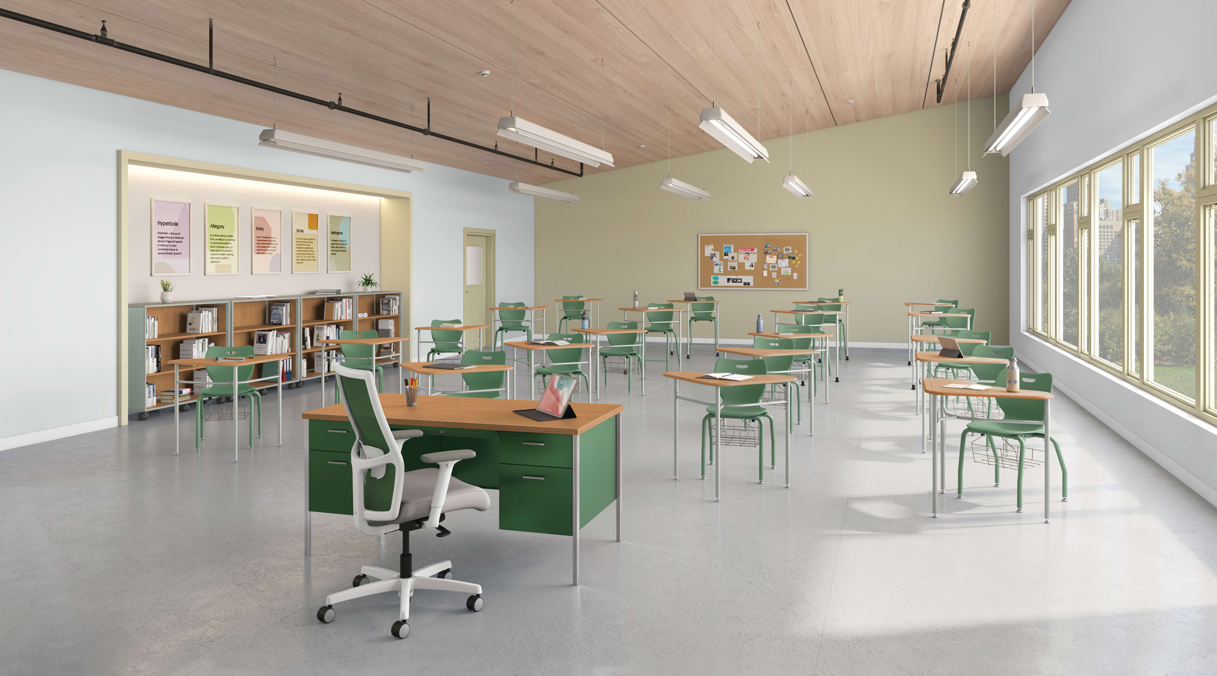 Classroom with triangle SmartLink desks and green student chairs.