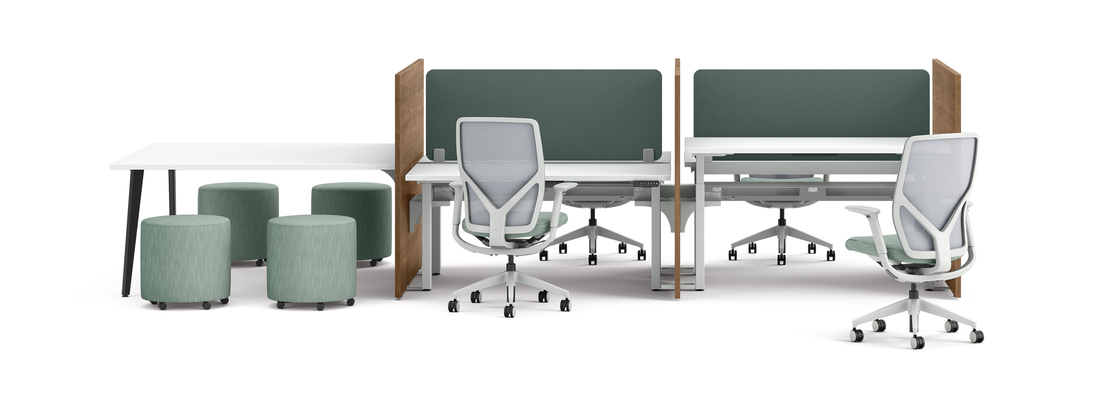 Two workstations with green fabric privacy panels, ergonomic office chairs, and a side table with four round upholstered stools.