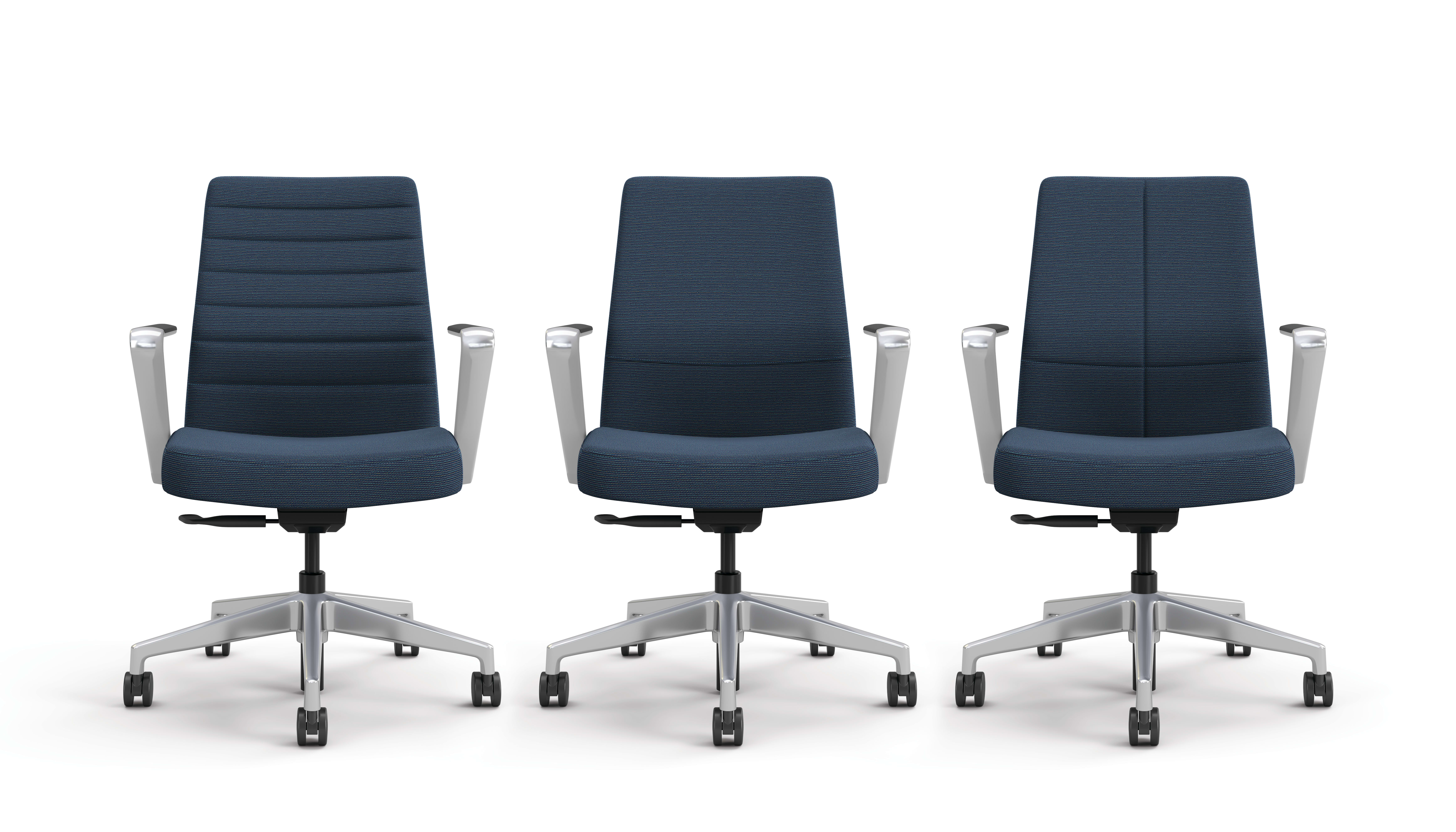 Three Cofi managerial chairs showing the channel, quilted, and solid stitch back