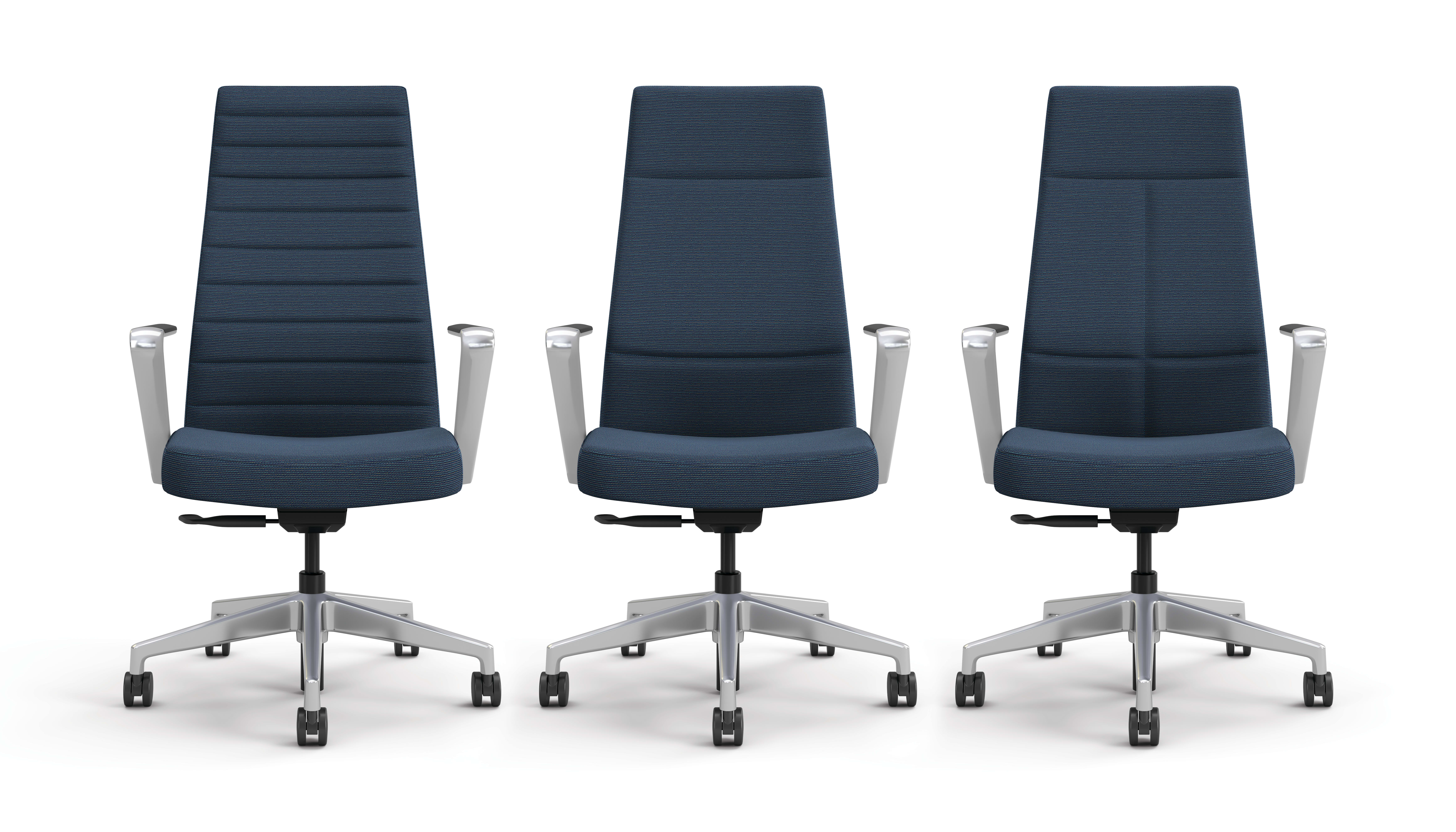 Three Cofi executive chairs showing the channel, quilted, and solid stitch back