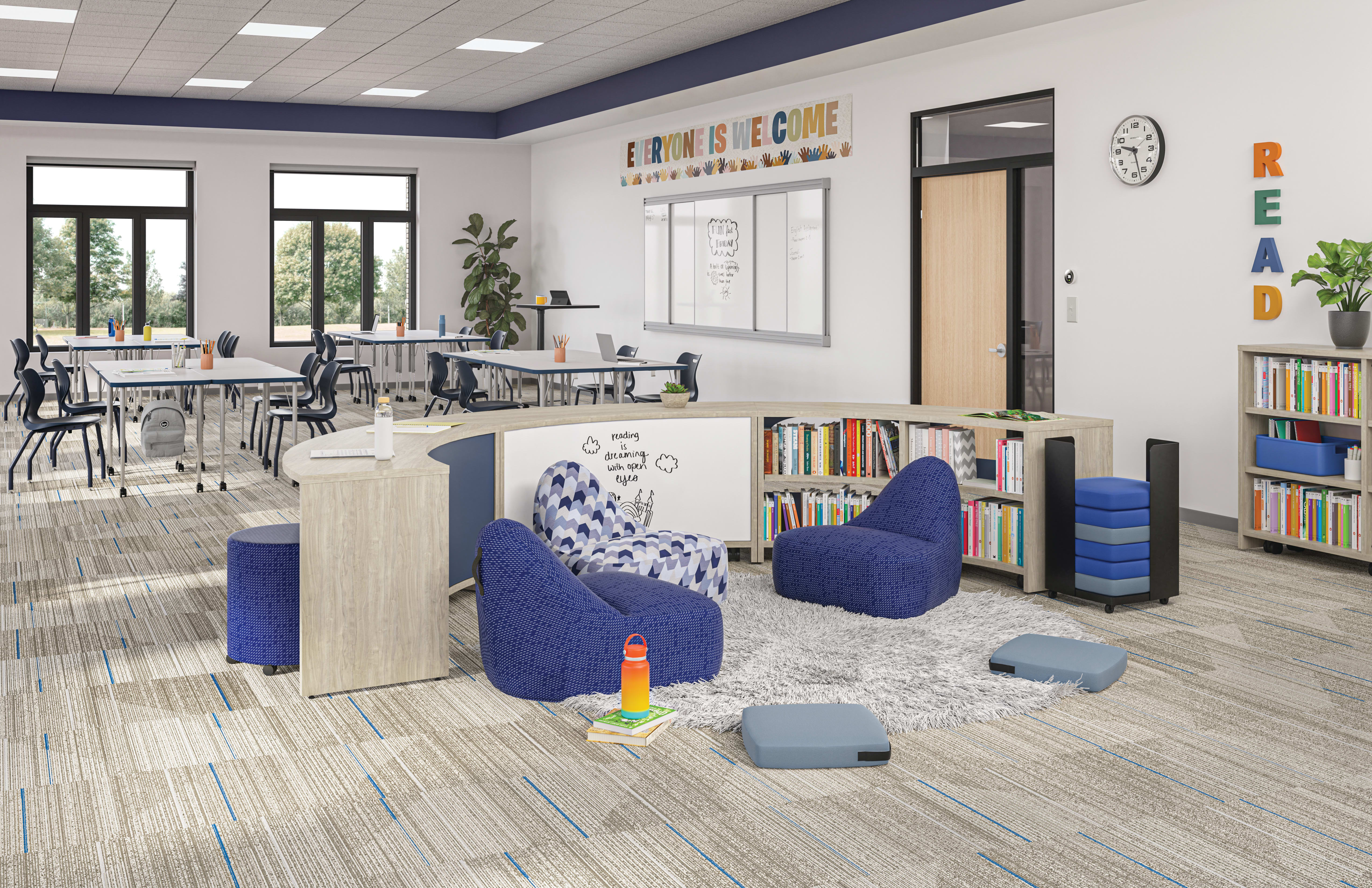 Classroom with Storyline nook featuring Confetti lounge chairs and floor cushions.