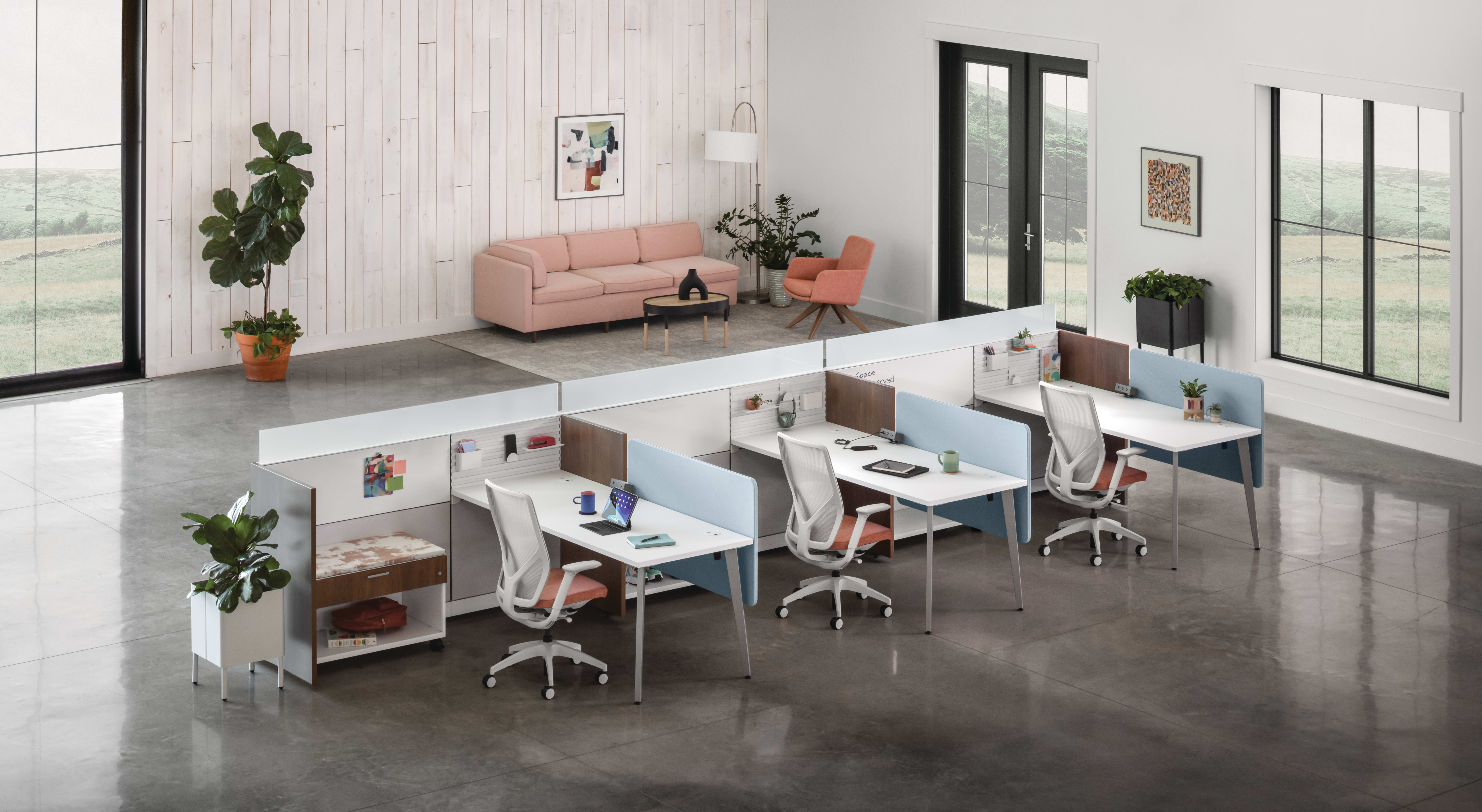 Flexion Seating with Abound Workstations, Contain Mobile Credenzas, Sculpt planters and Pill Table, West Hill and Mav Collaborative Seating