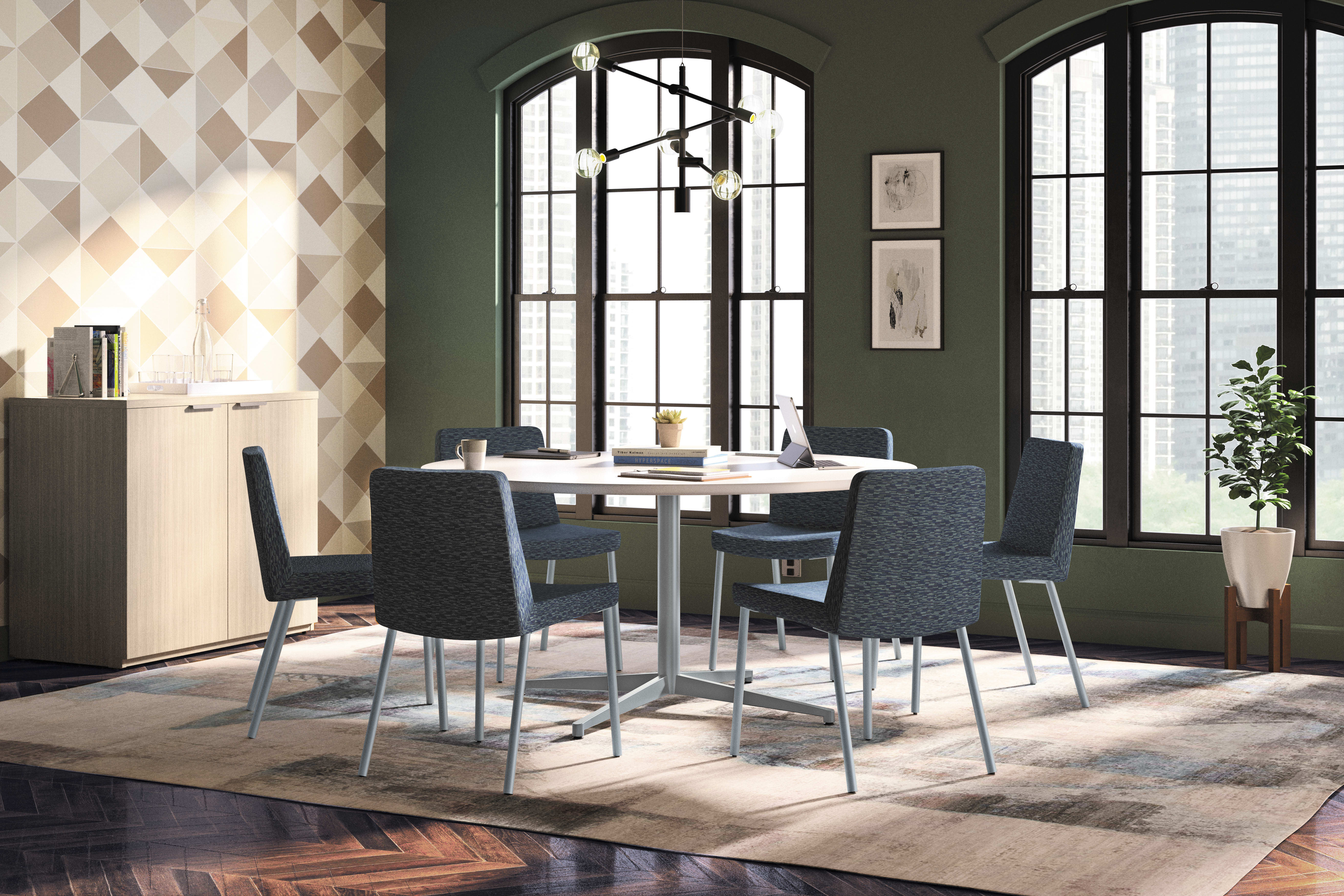 Preside mobile collaborative table with butcherblock top and Flock seating