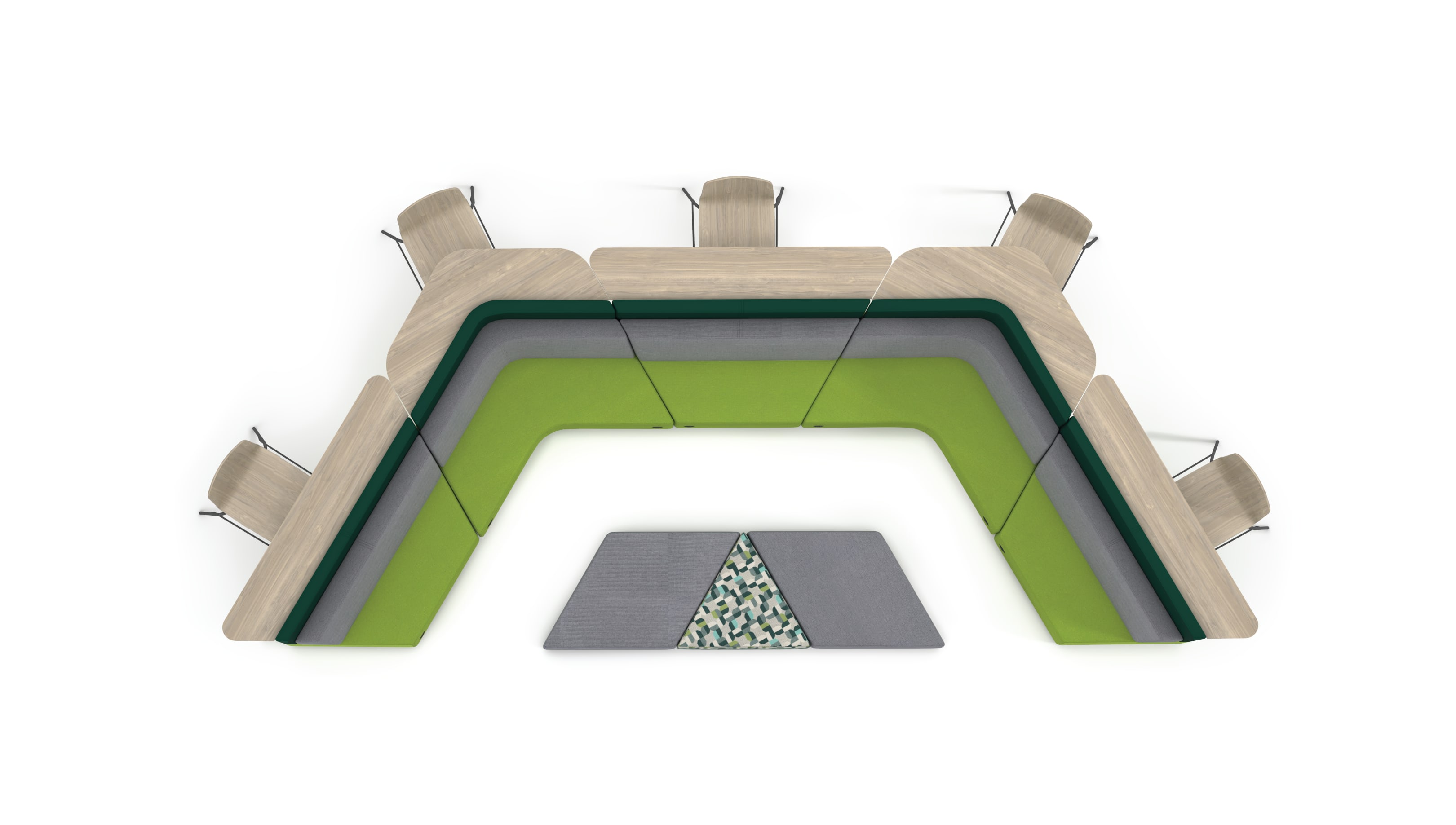 Tangram Bistro Back "campfire" vignette with Tangram Diamond Ottomans and Flock Stools.