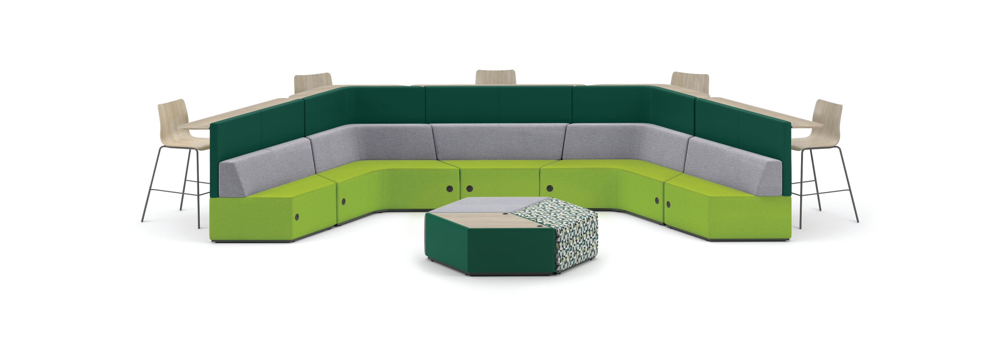 Tangram Bistro Back "campfire" vignette with Tangram Diamond Ottomans and Flock Stools.