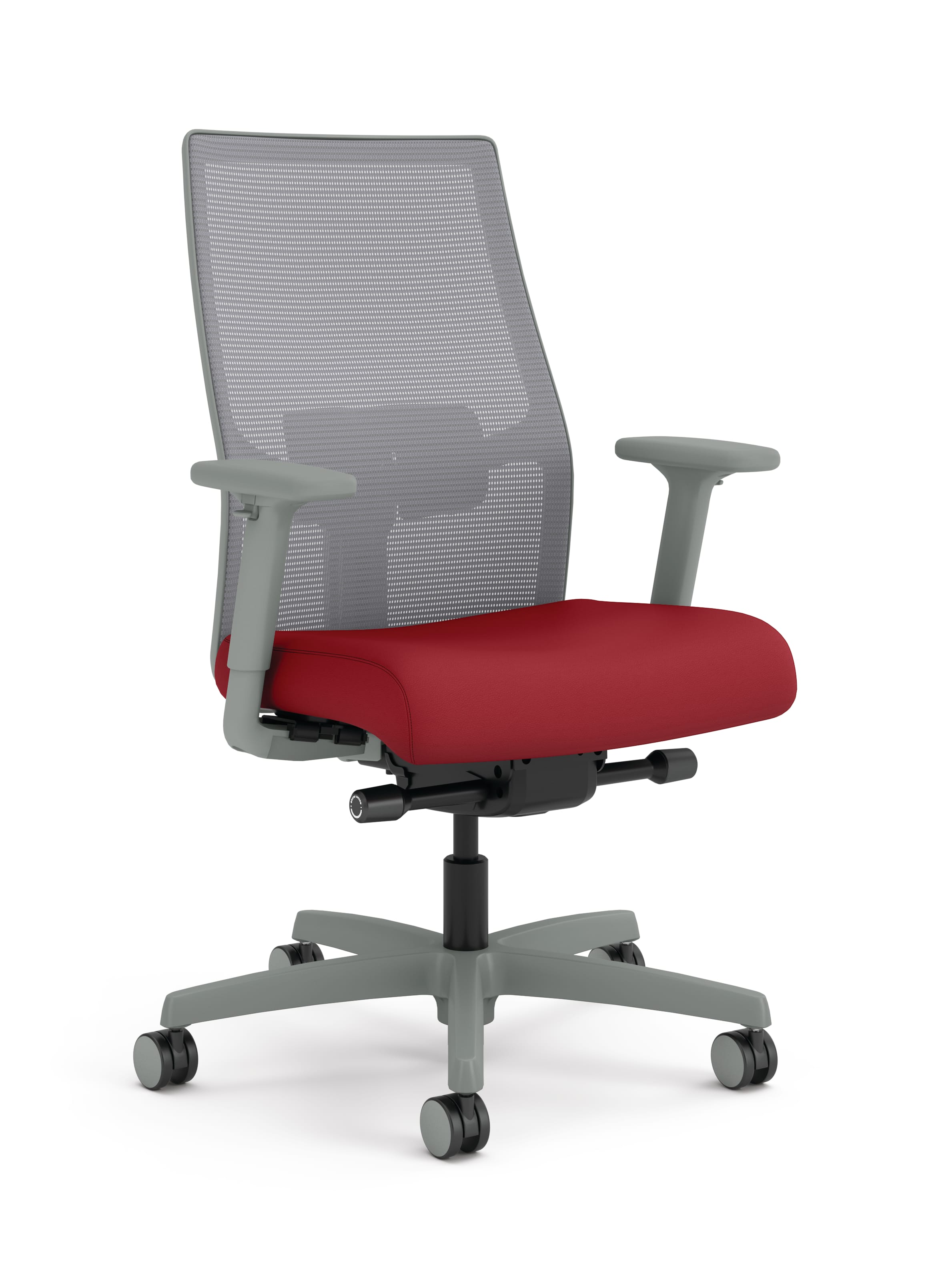 Task chair with red fabric, grey mesh and titanium frame