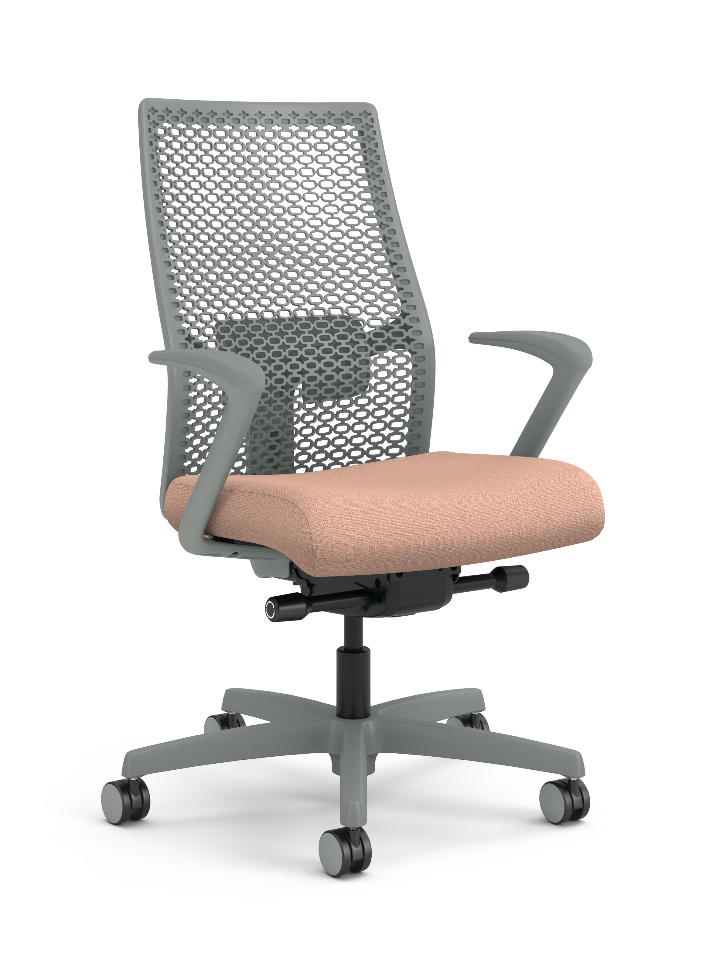Task chair with pink fabric, grey ReActiv back and titanium frame