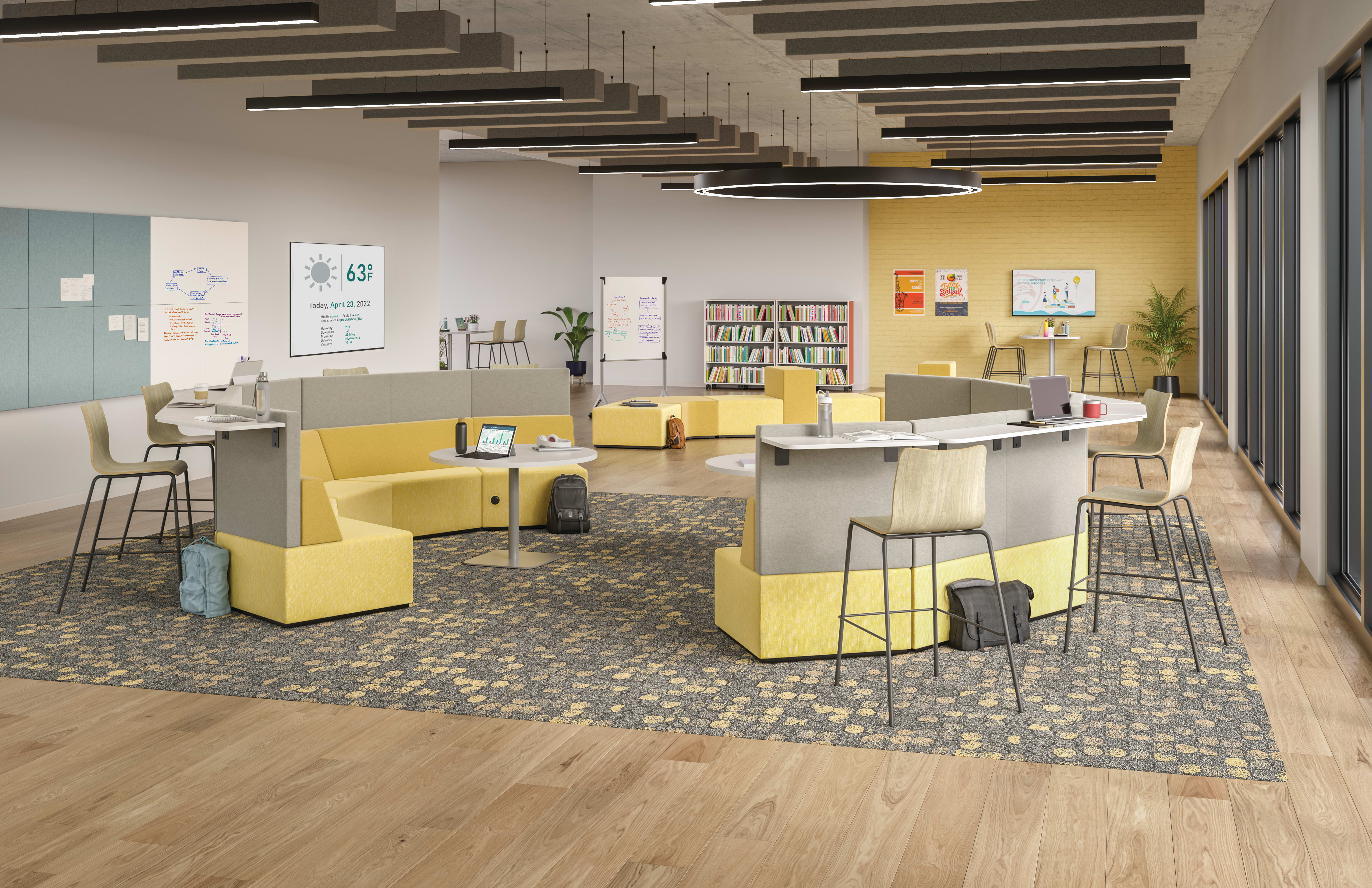 Tangram Bistro-backs with Ruck chairs, Birk tables, Workwall, Class-ifi bookcases, Motivate mobile markerboard and Tangram chairs and ottomans.