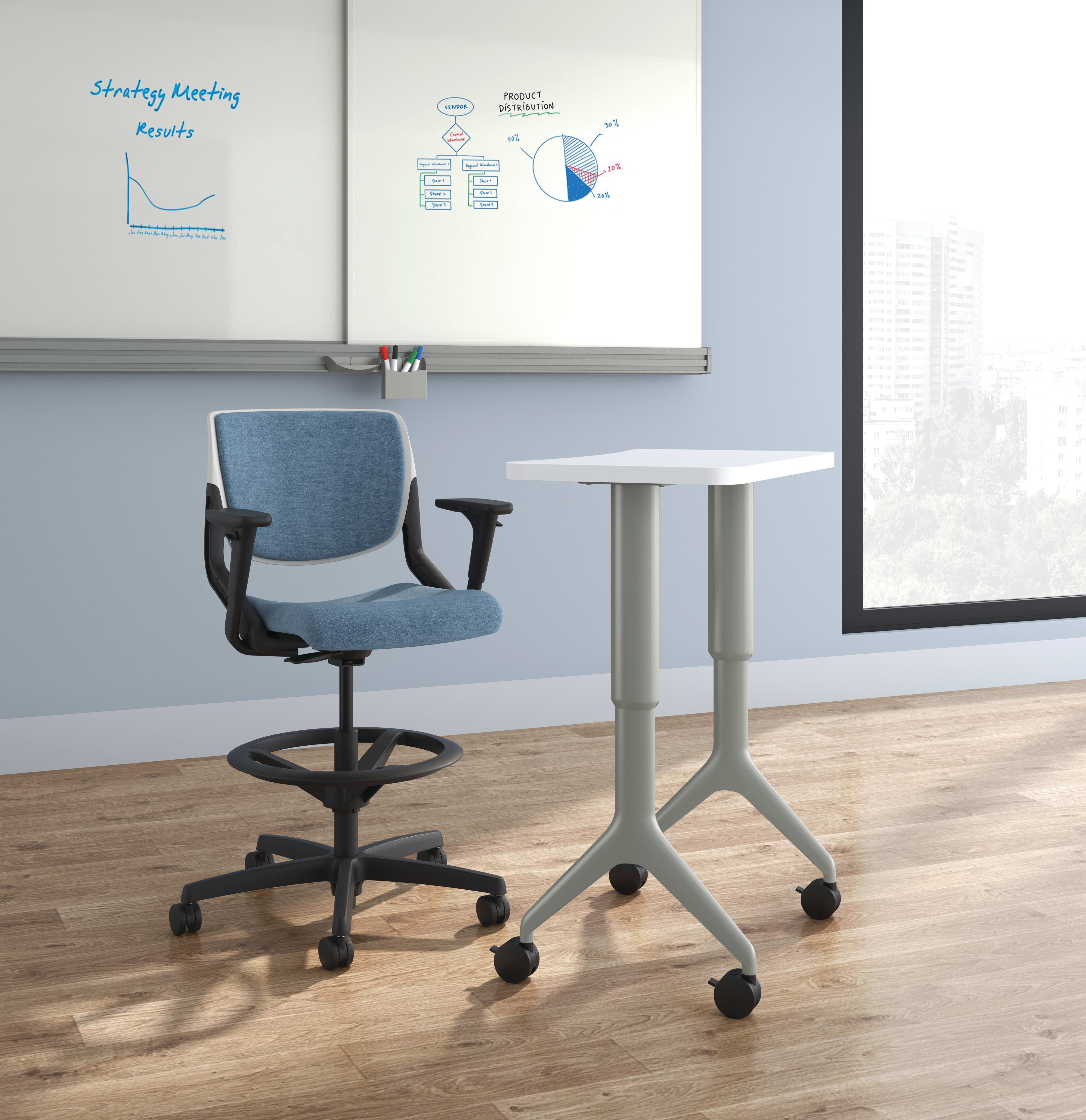 Classroom view of Motivate flex-back task stool with presentation cart