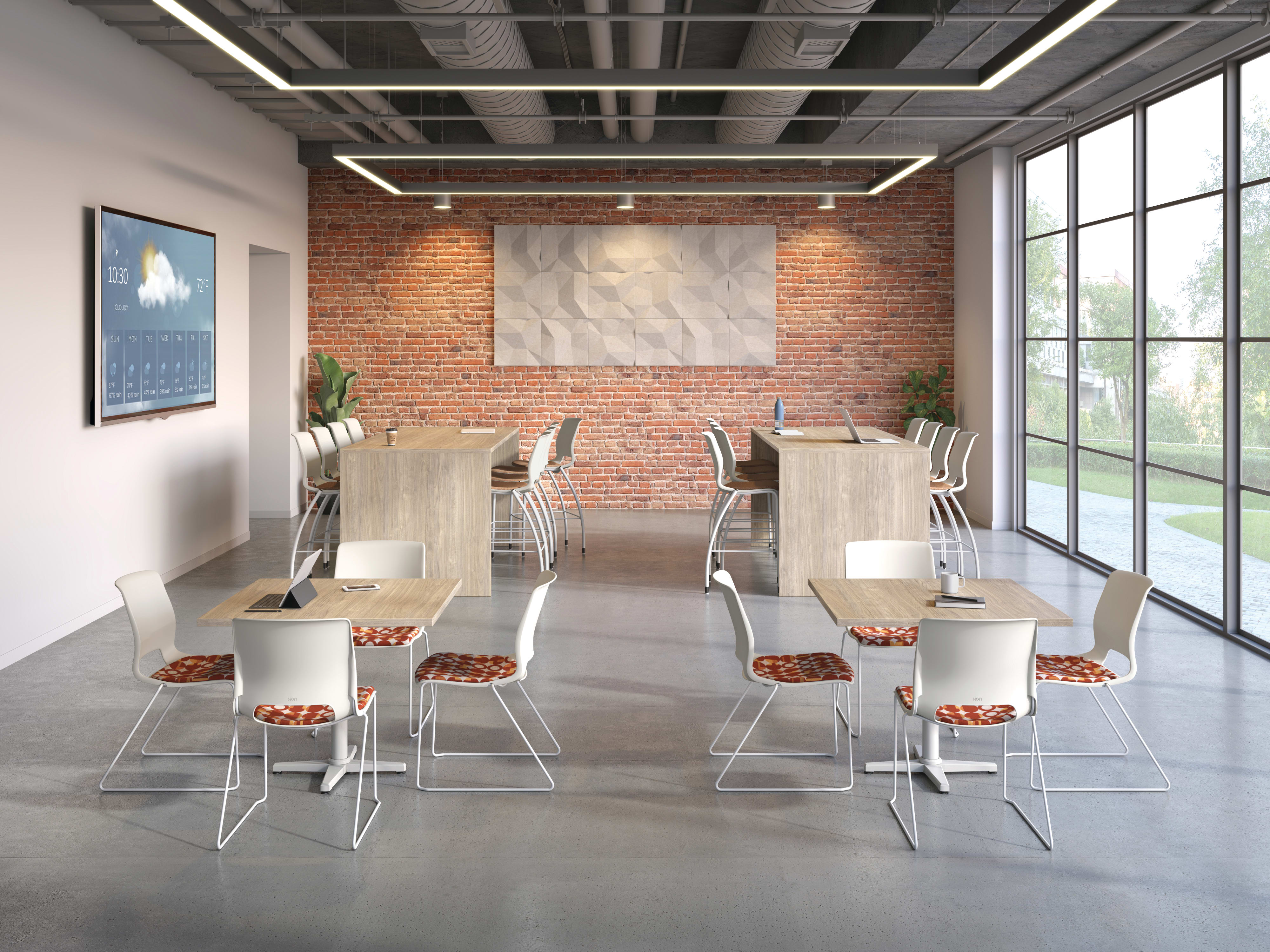 Café view of Motivate high-density chair and café-height stool