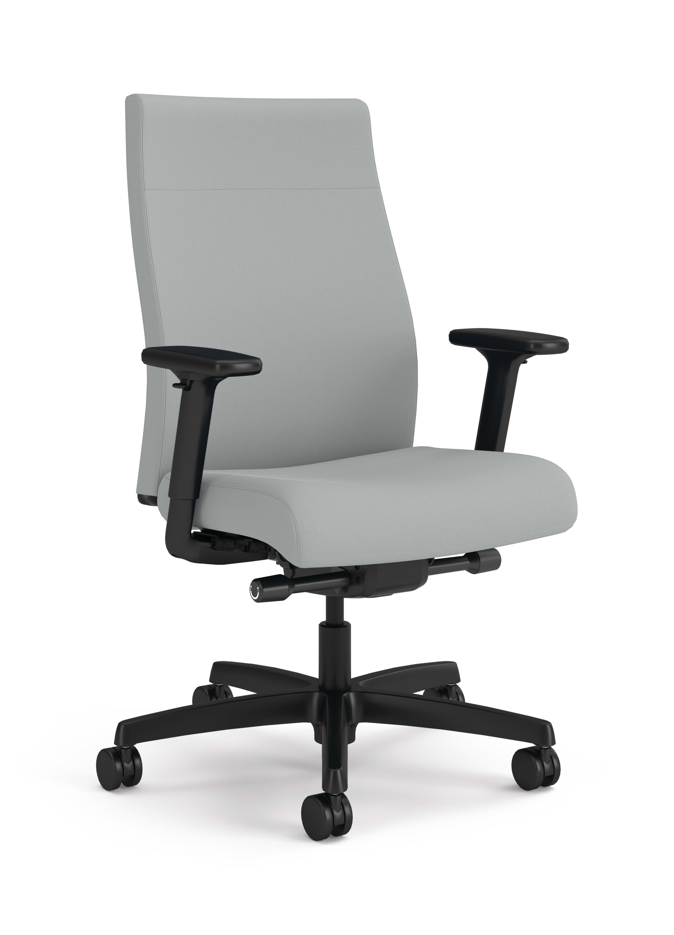 A gray HON Ignition 2.0 upholstered back task chair with black arms and black frame.