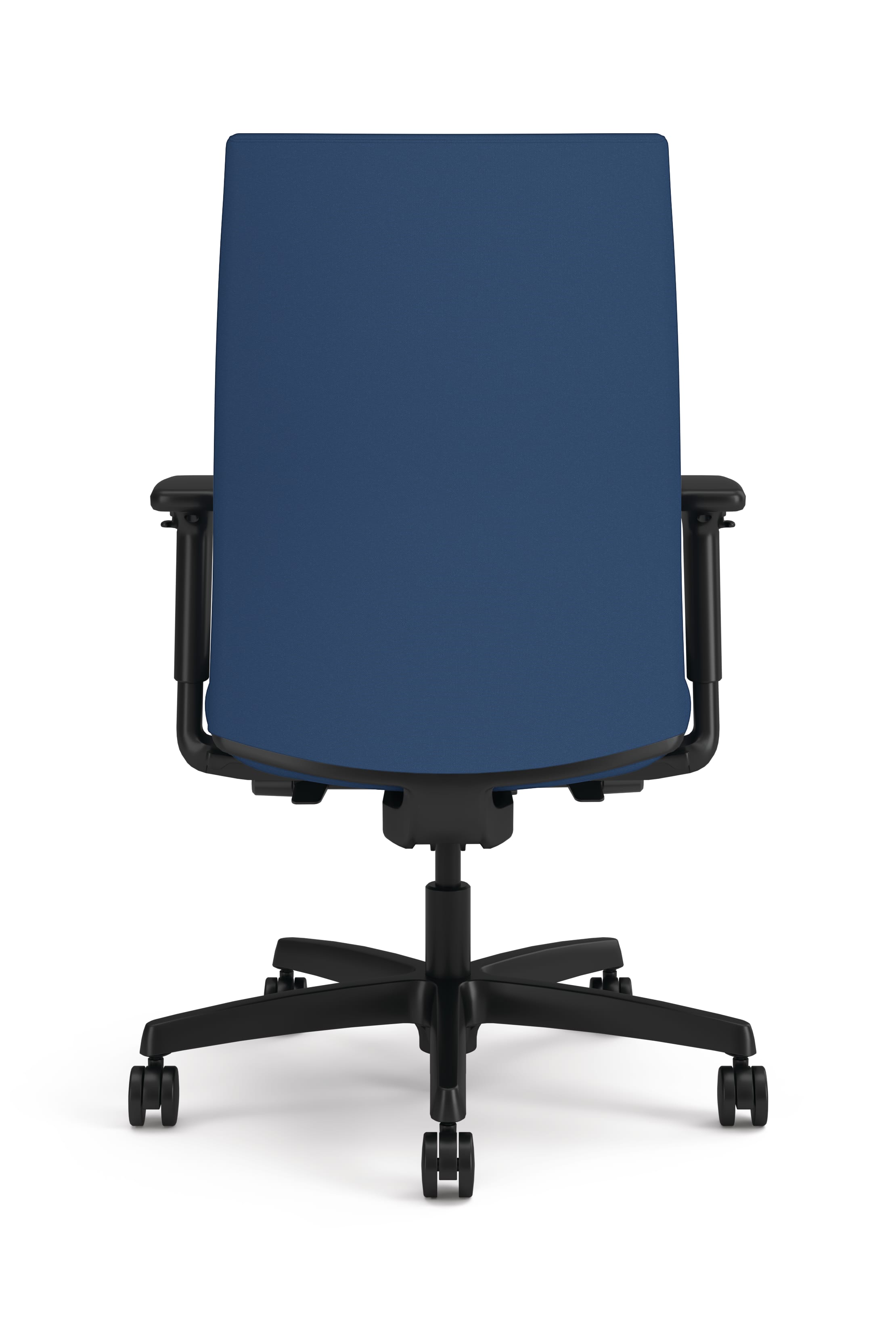 A blue HON Ignition 2.0 upholstered back task chair with black arms and black frame.