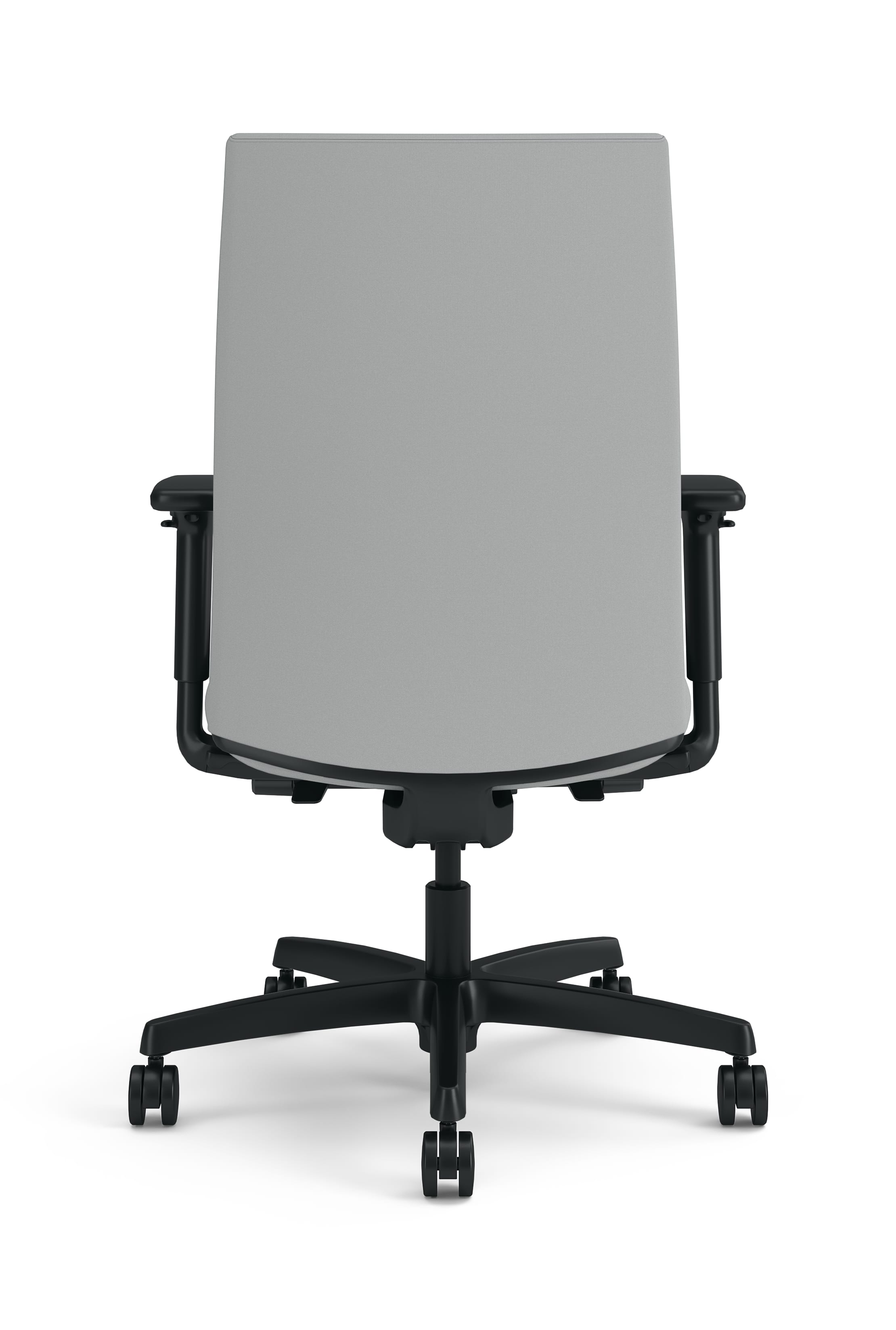A gray HON Ignition 2.0 upholstered back task chair with black arms and black frame.