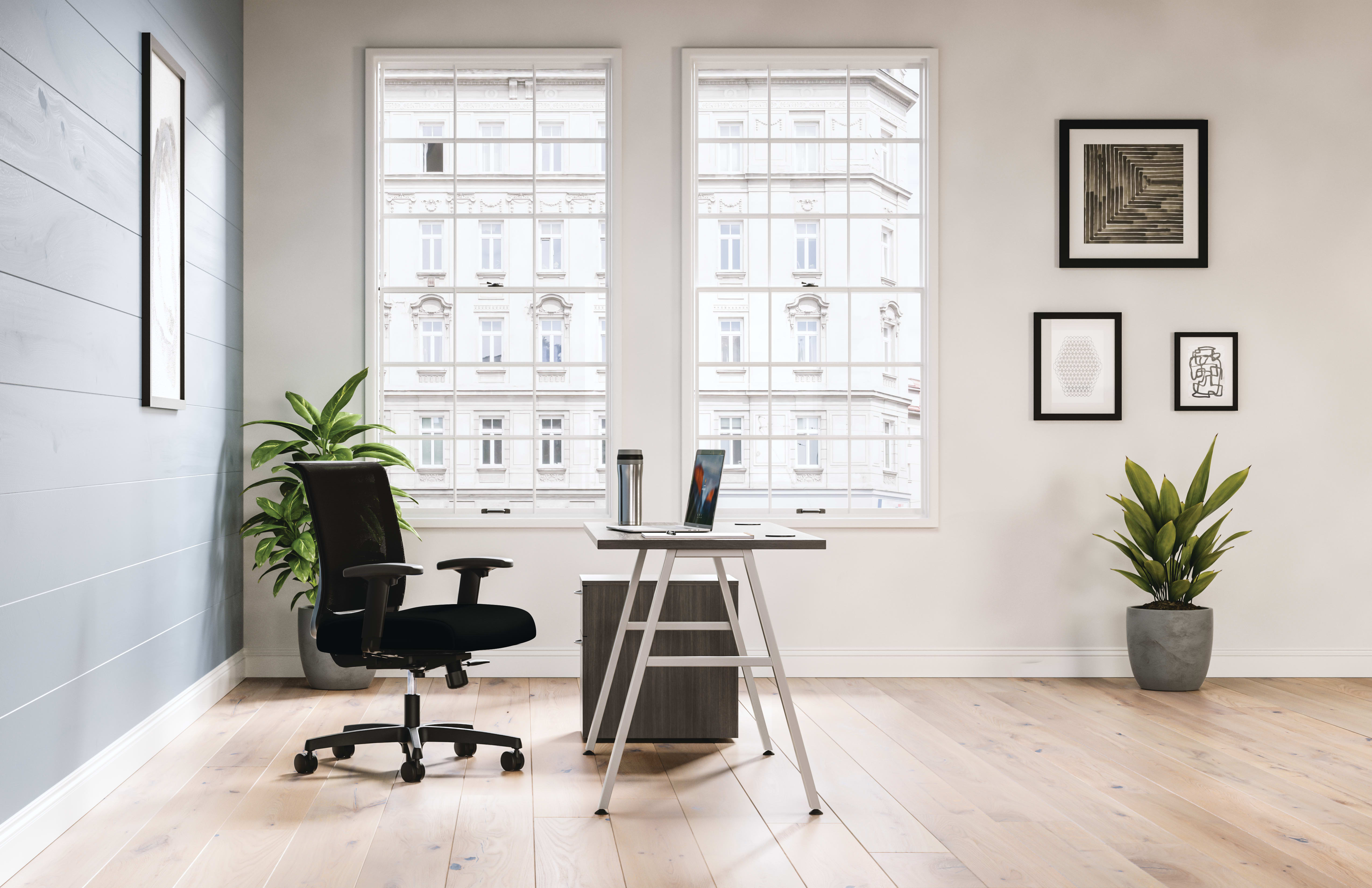 Mod Silver a-leg desk in Slate Teak laminate with Convergence task chair