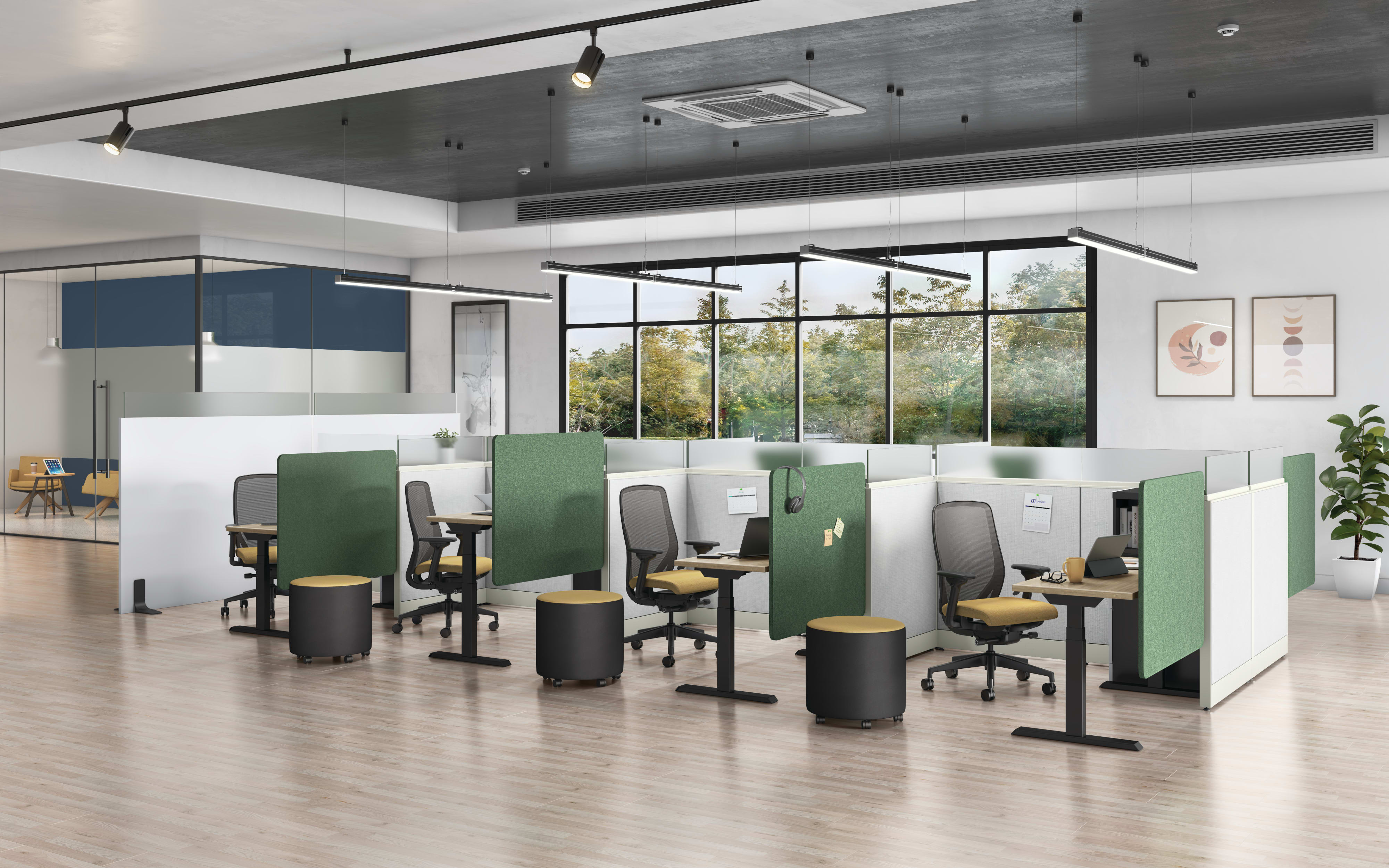 Universal Screens showed with Accelerate Panels, Contain Storage, Nucleus Task Chairs, and Flock Mini.