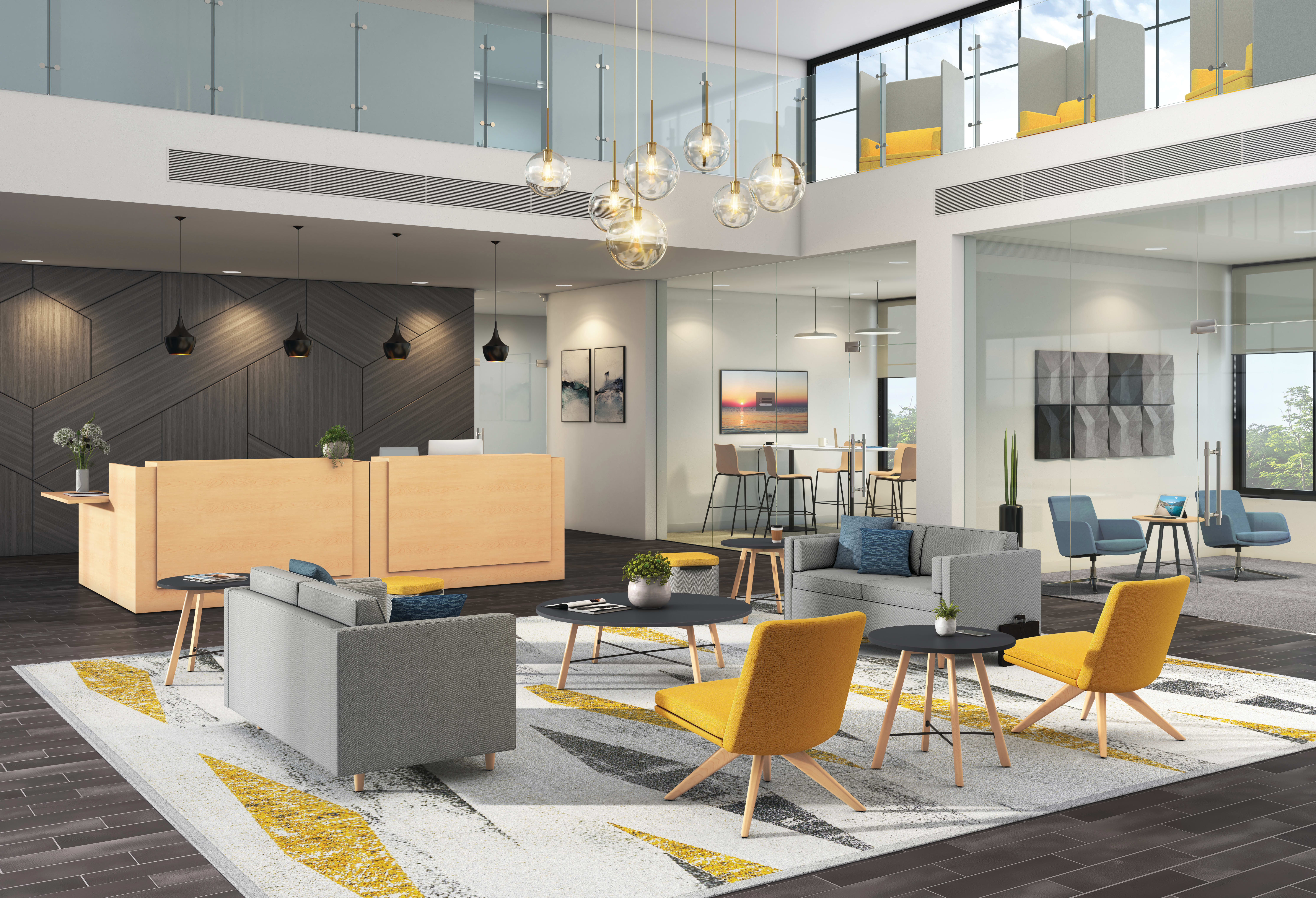 Mav 4-leg chairs, West Hill 2-Seat Lounge, HON Throw Pillows, 10500 Series Reception Station, Scramble End Tables and Coffee Tables, Ignition Task Chair. UV by HON Acoustic Matrix Wall Tiles. Astir High Back One+Seat Lounge.