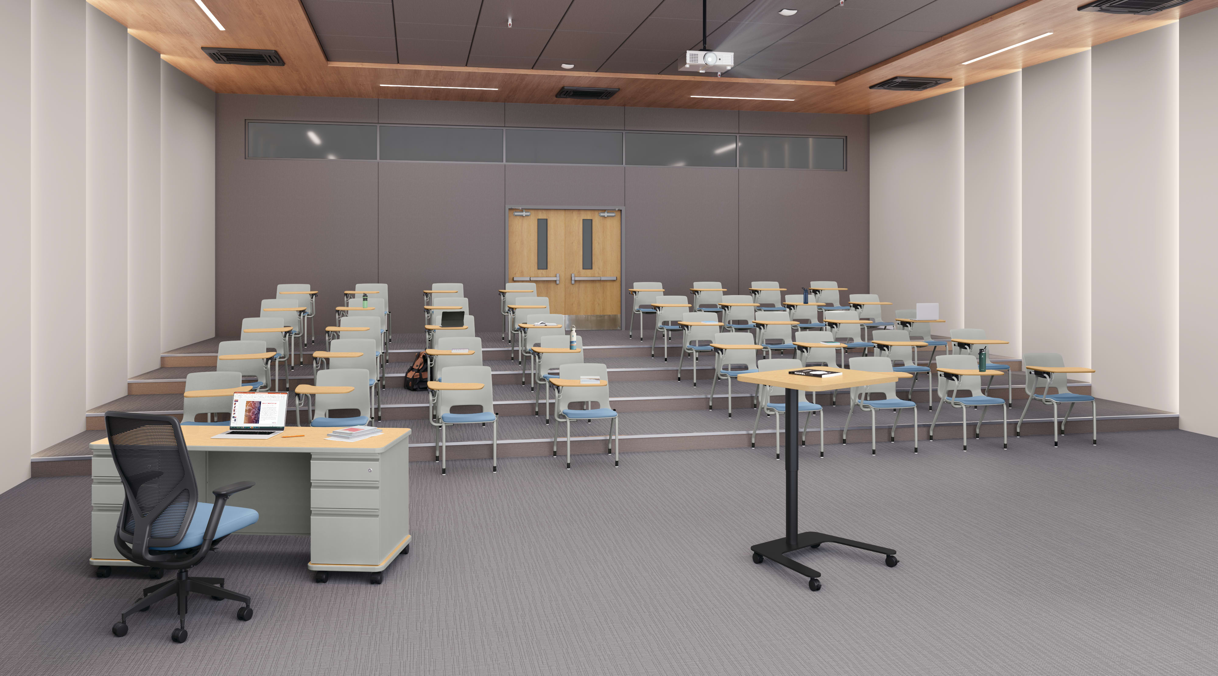 A classroom setting featuring Motivate chairs with tablet arms and SmartLink teacher desk.