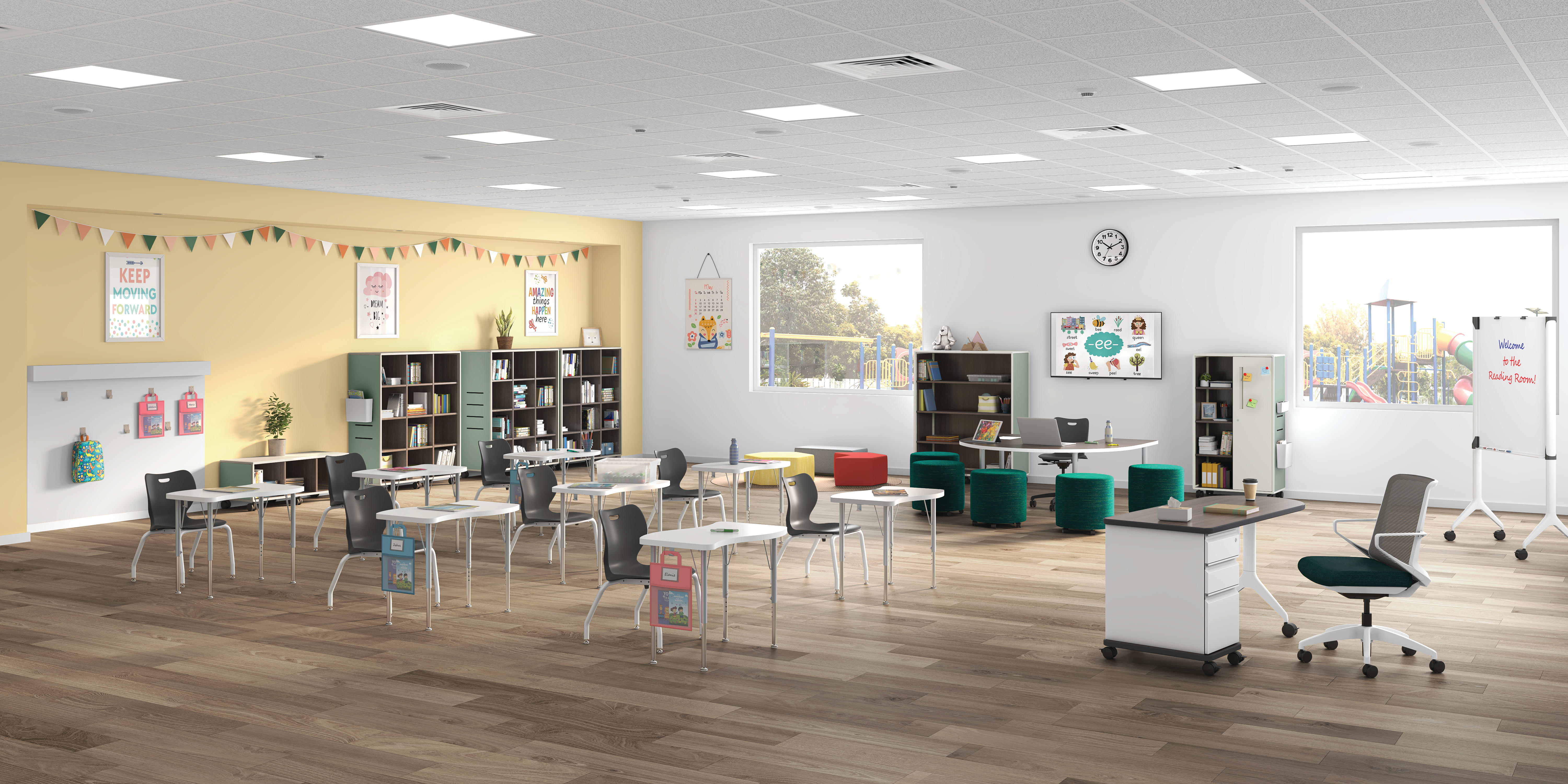 Build Table and Desks, SmartLink Desks, Cliq and SmartLink Setaing and Class-ifi Storage.