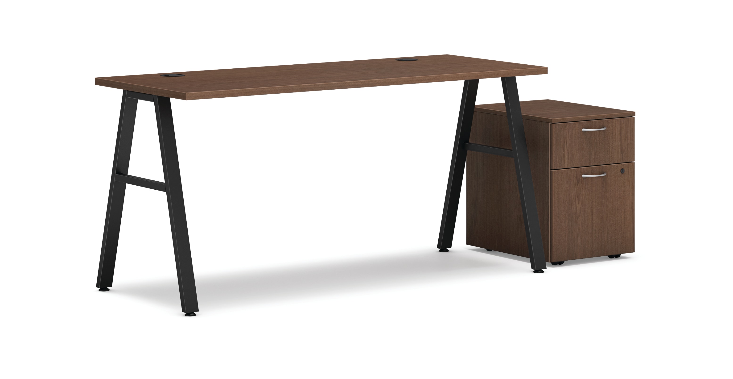 Mod table desk in Sepia Walnut and Black a-legs with mobile pedestal