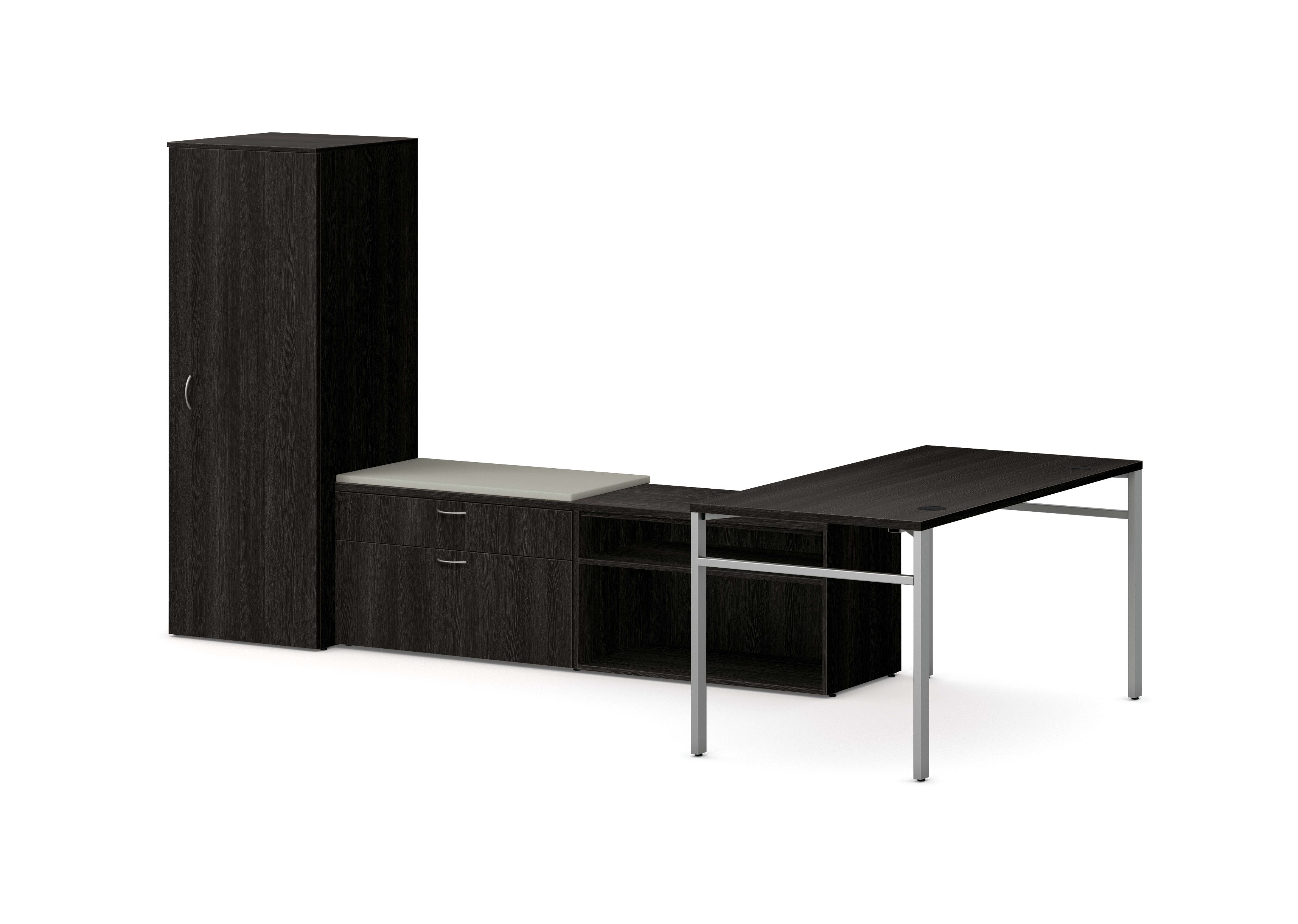 Mod L-Station Desk with Personal Storage Tower in Slate Teak with Silver Legs