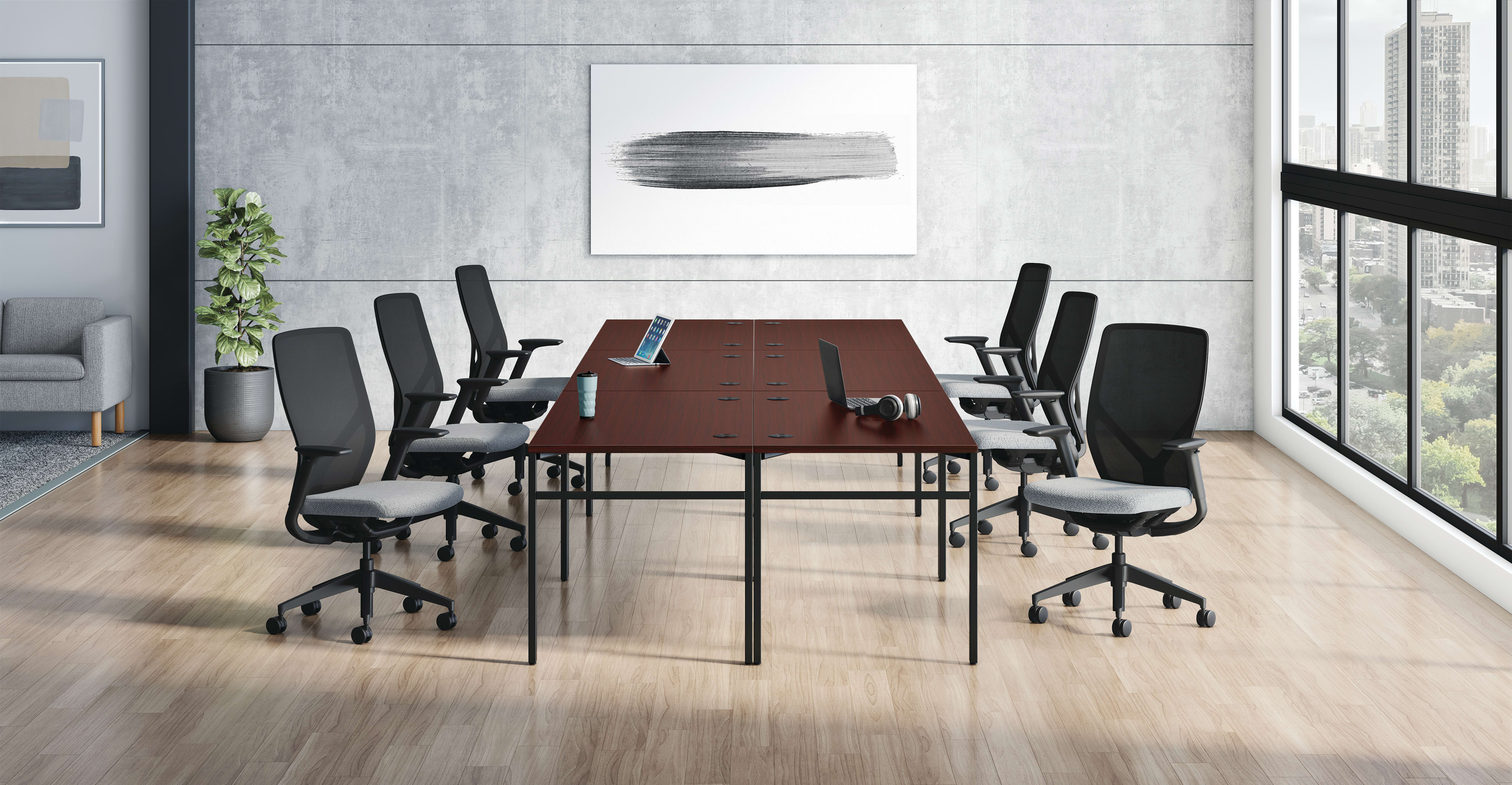 Mod Worksurface and U-Leg, Flexion Task Chair, Parkwyn Sofa
