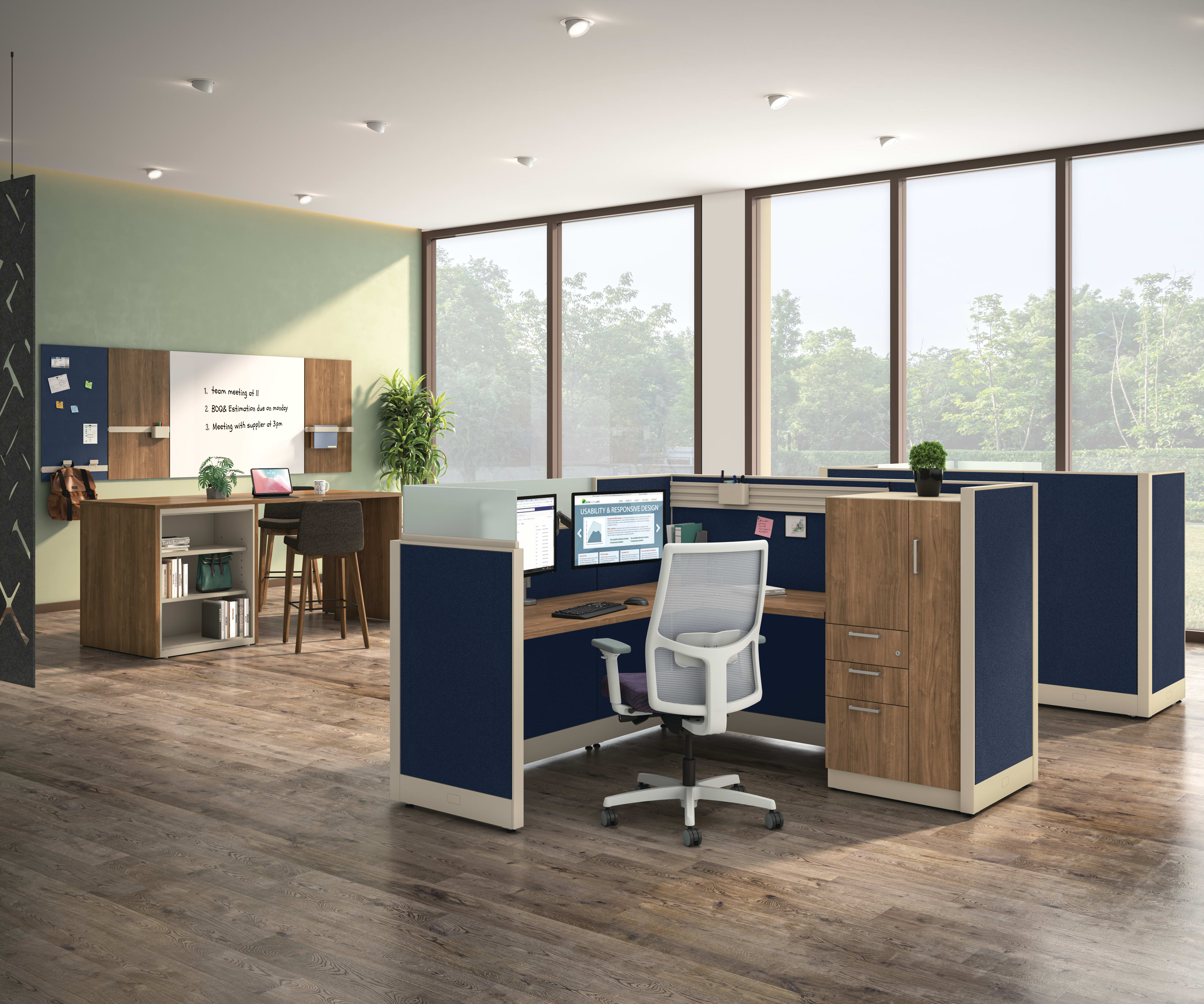 Open plan with Accelerate Cubicles and collaborative area with storage island.