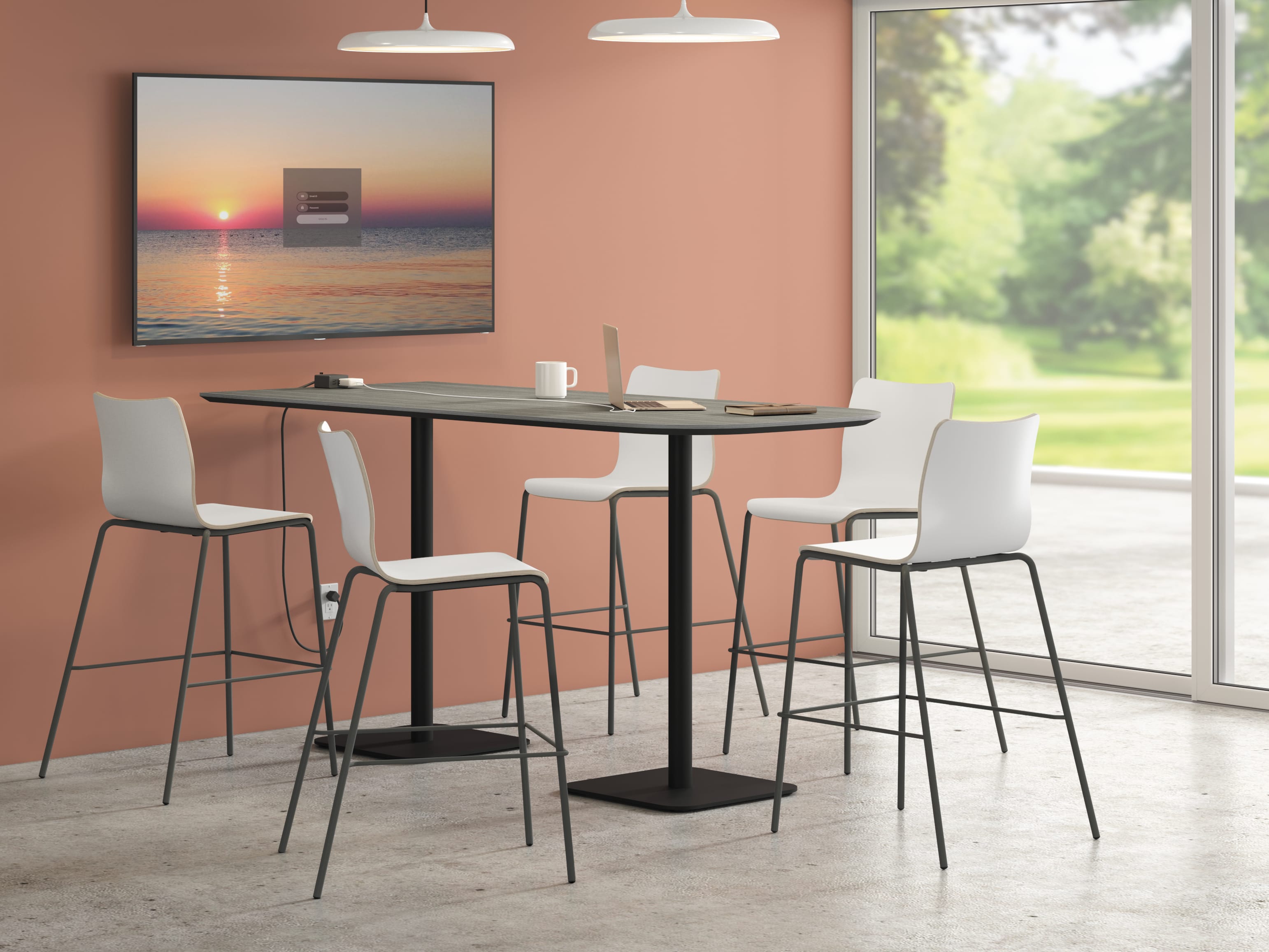 A modern dining area with a sleek black table and white bar stools, set against a backdrop of a serene sunset landscape visible through a large window.