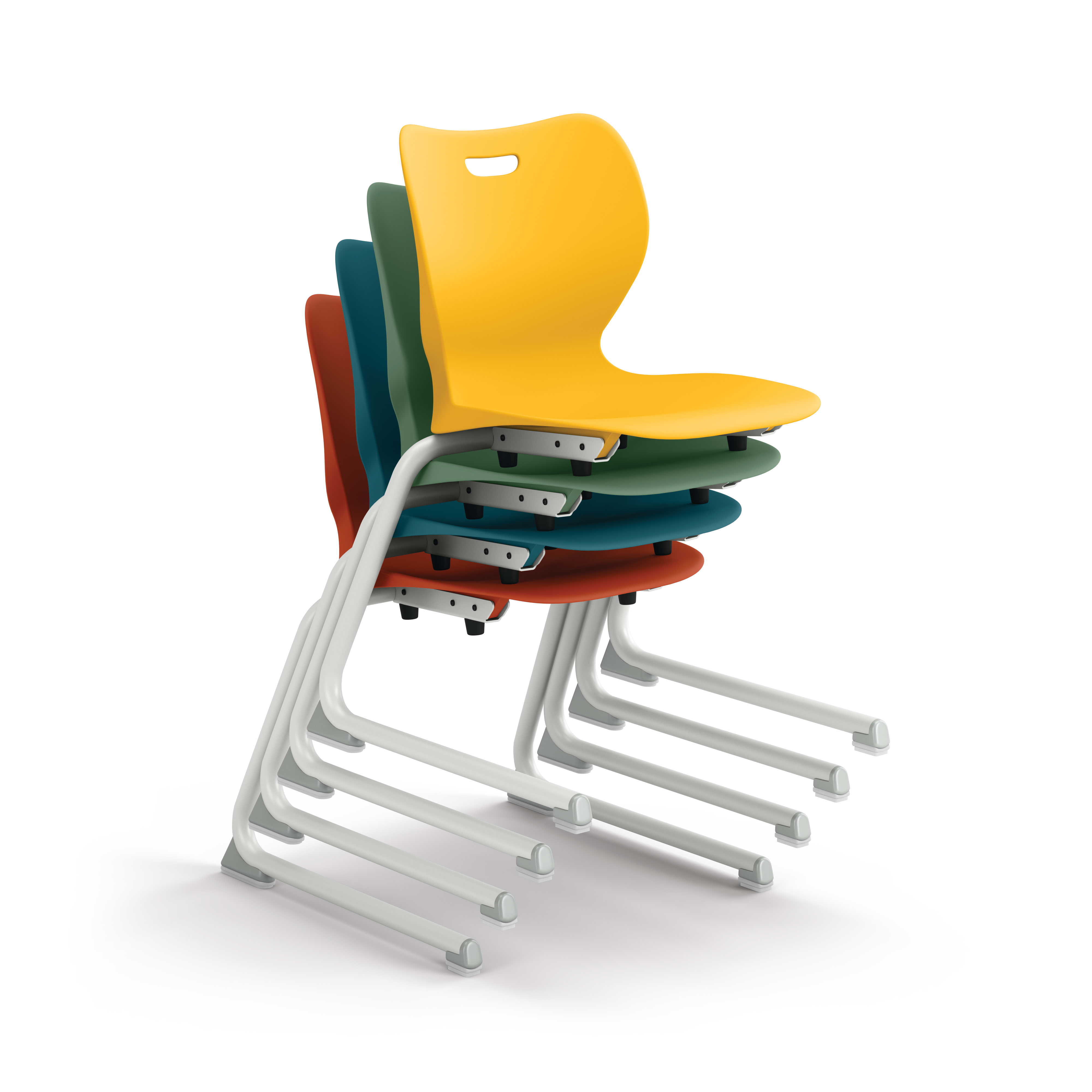 SmartLink Cantilever Stacked Chairs in Sienna, Cyprus, Ochre, and Fern shells.